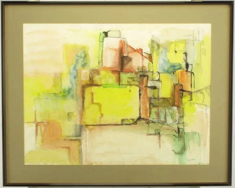 Jansen Abstract Mixed-Media Painting in Yellow, Green, Tan and Blue - 2
