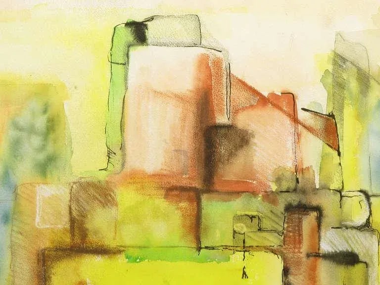 Jansen Abstract Mixed-Media Painting in Yellow, Green, Tan and Blue - 3