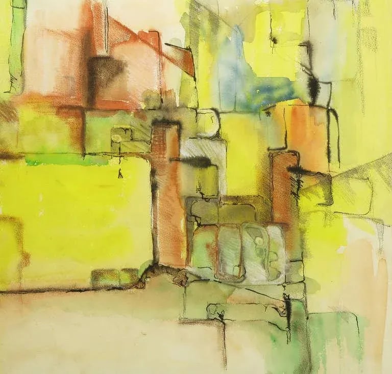 Jansen Abstract Mixed-Media Painting in Yellow, Green, Tan and Blue - 4