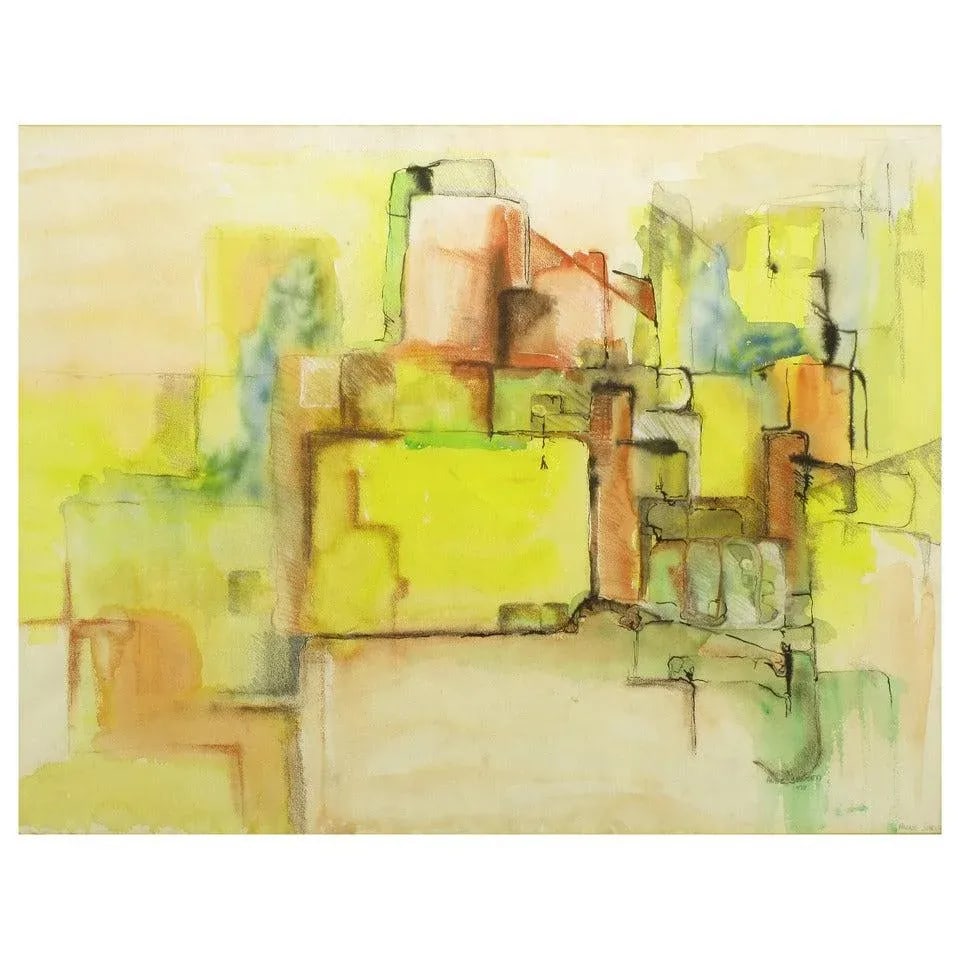 Jansen Abstract Mixed-Media Painting in Yellow, Green, Tan and Blue - 6
