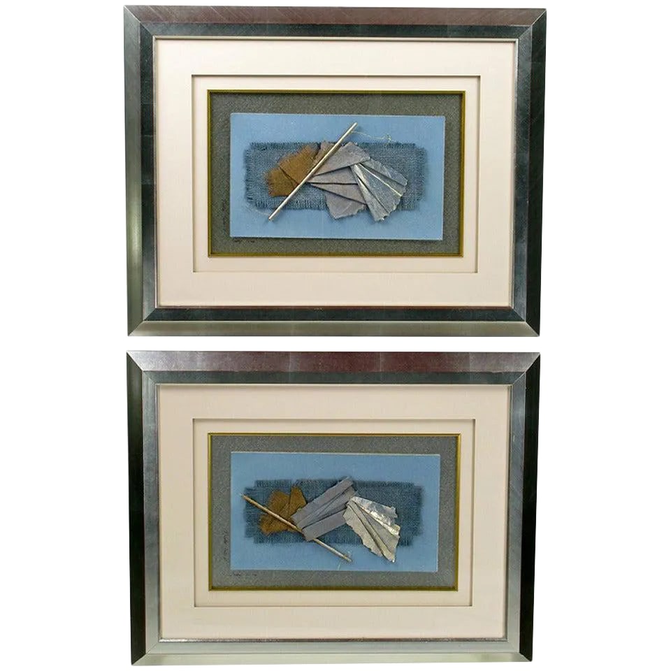 Mixed Media Works by Tracy Wise - a Pair: Pair of abstract works by artist Tracy Wise titled "Neutral Folds 1 & 2". Purchased from a North Carolina estate, striking mixed media assemblages incorporating paper and textiles with the