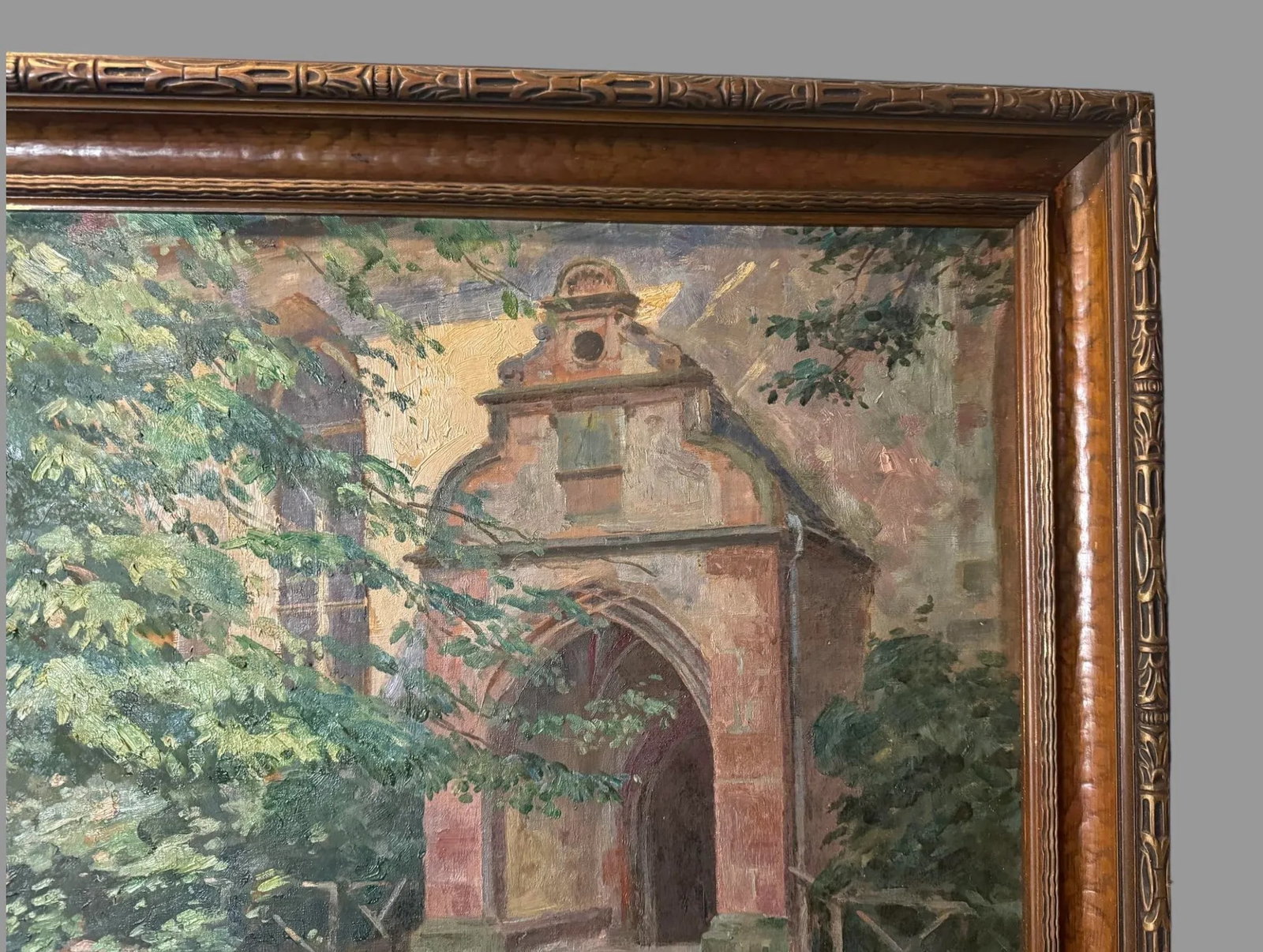 Early 20th Century Antique Impressionistic Landscape Oil Painting Countryside Chapel Signed G. Heil, - 3
