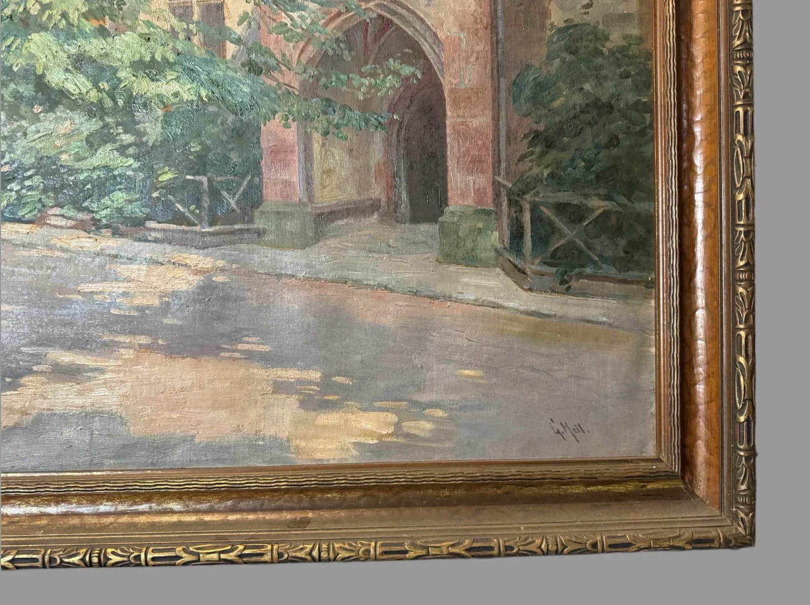 Early 20th Century Antique Impressionistic Landscape Oil Painting Countryside Chapel Signed G. Heil, - 5