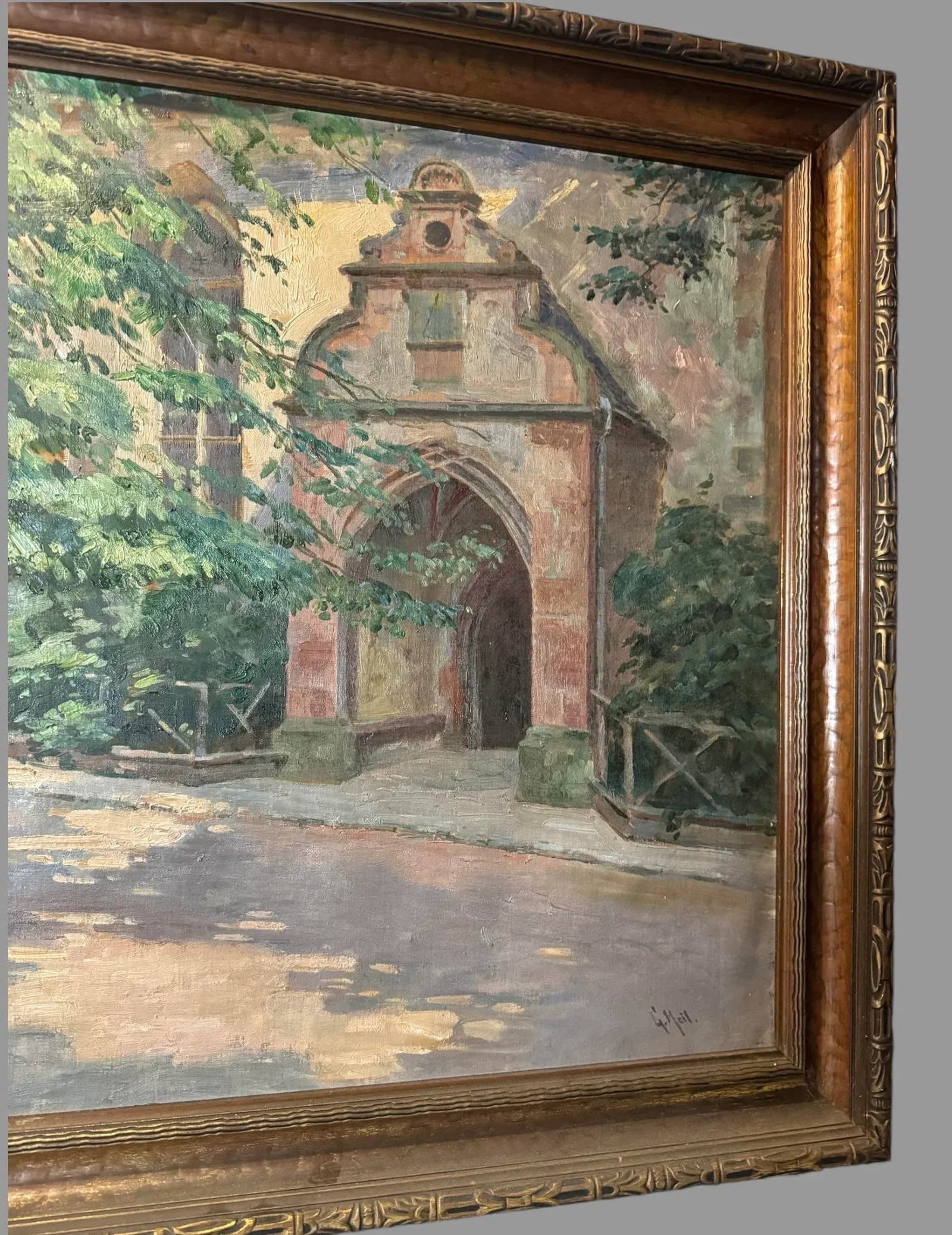 Early 20th Century Antique Impressionistic Landscape Oil Painting Countryside Chapel Signed G. Heil, - 7