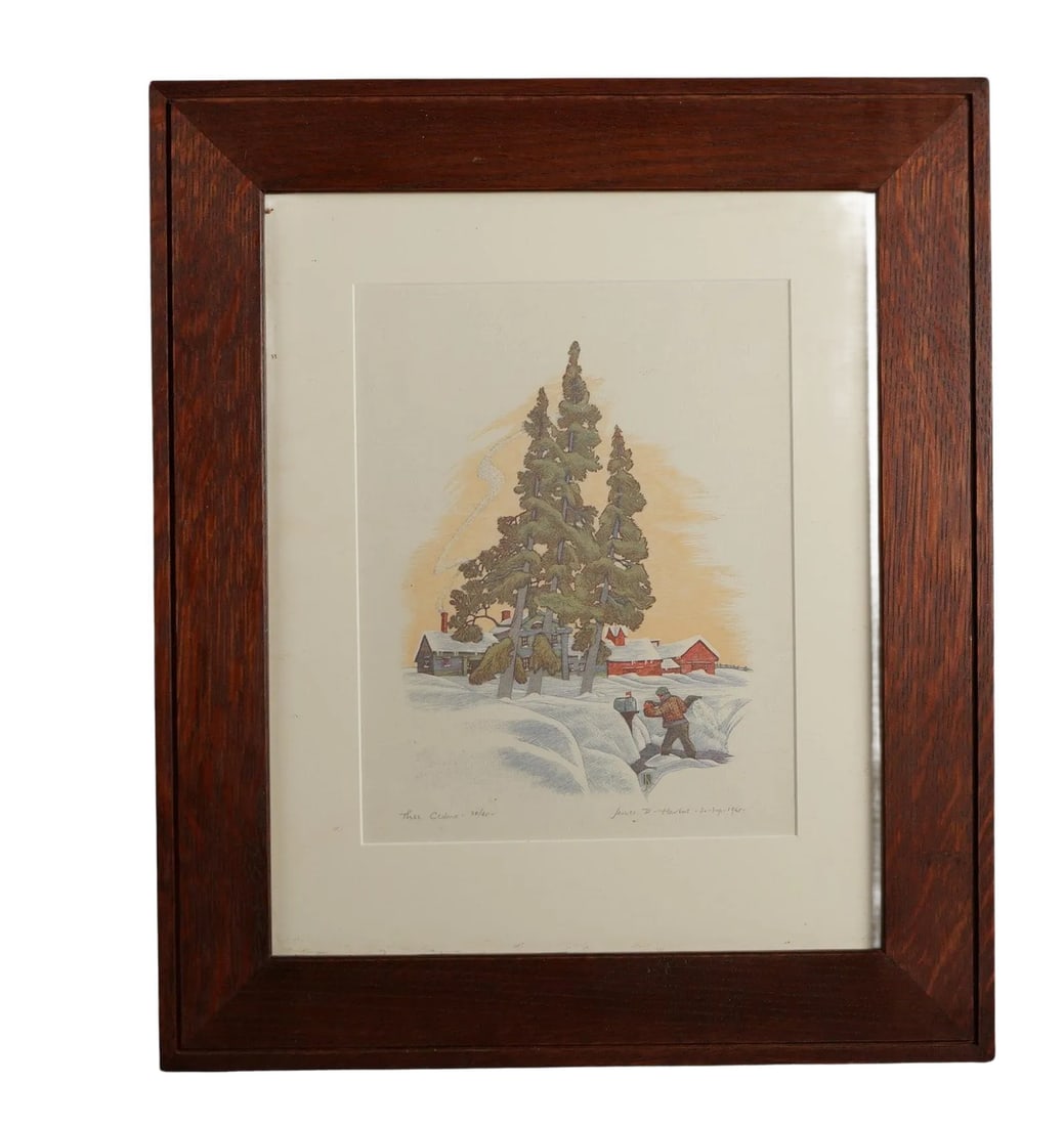 James Haven Print "Three Cedars" Winter Farm Scene Signed & Numbered C1945: James Haven Print "Three Cedars" Winter Farm Scene, Pencil Signed & Numbered, Framed C1945 Measures - 19.5"h x 16.5"w x 1"d Condition: Alterations: Unknown Imperfections: Some Imperfections Condition