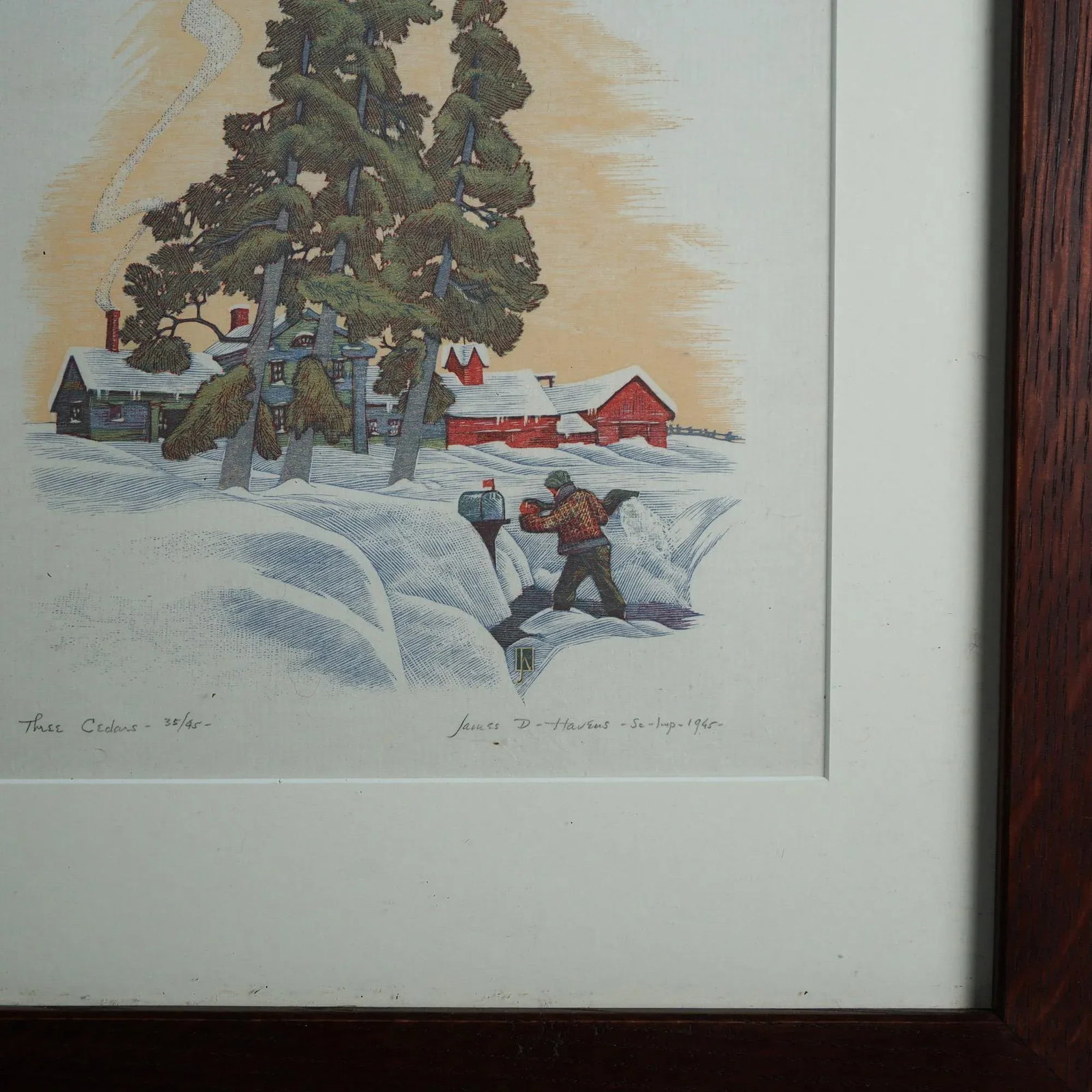James Haven Print "Three Cedars" Winter Farm Scene Signed & Numbered C1945 - 3
