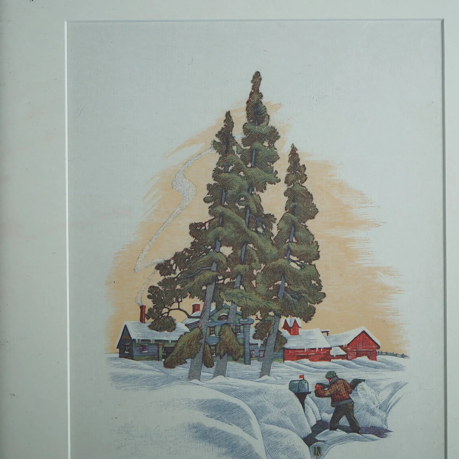 James Haven Print "Three Cedars" Winter Farm Scene Signed & Numbered C1945 - 4