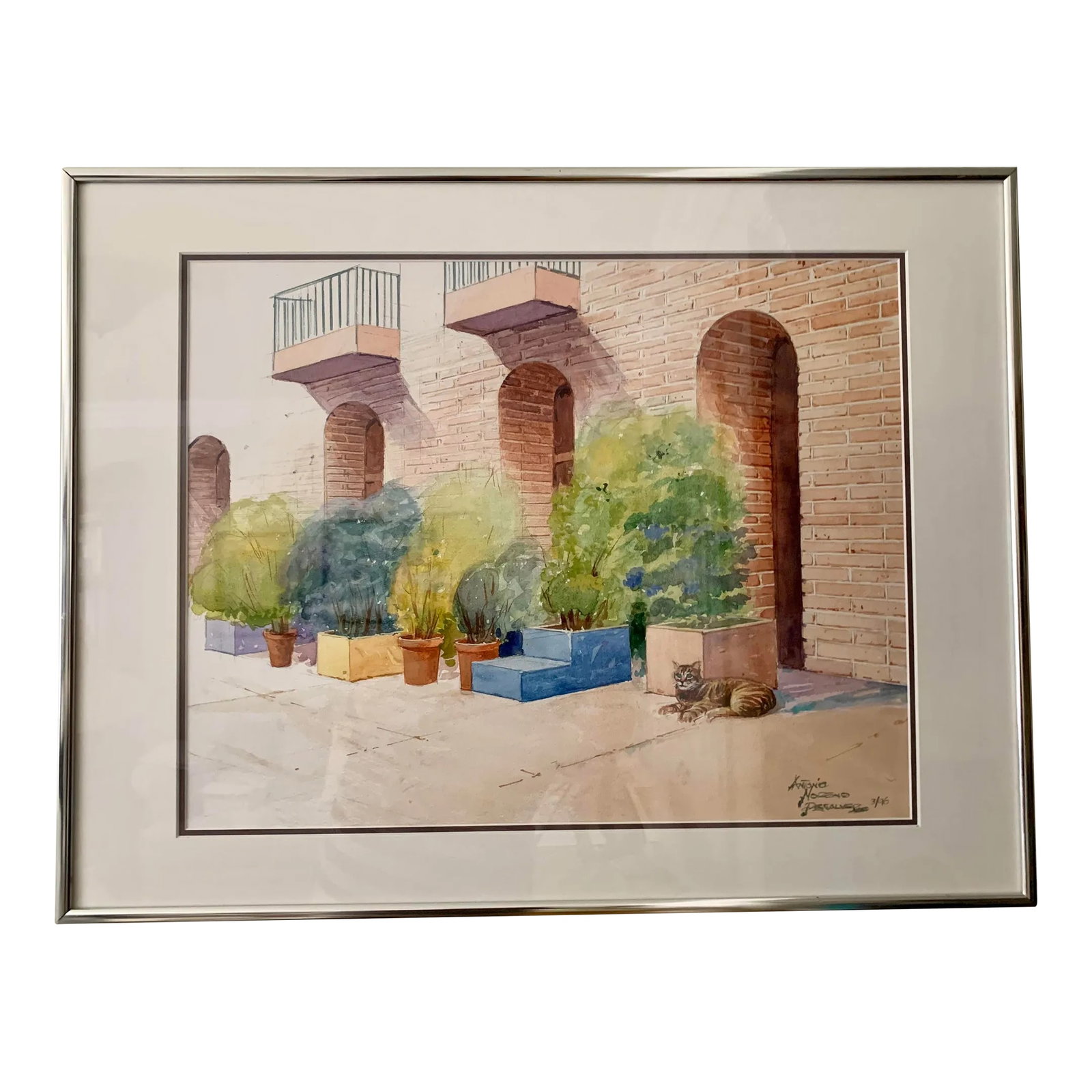 1990s "Ghirardelli Square" Original Signed Watercolor Painting, Framed: Famous Ghirardelli Square arches are depicted in this 1996 original watercolor. Beautiful muted colors, and yet, vibrant in their essence. Planters and clay pots overflowing with flora while a perfect