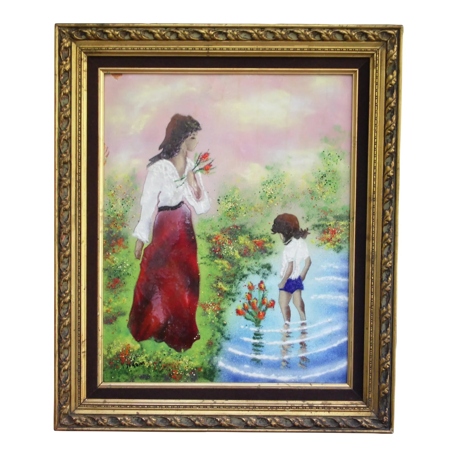 Vintage French Impressionist Enamel on Copper Painting Artist Signed Jordine: Beautiful large mid-century modern circa 1950's-'70's original French enamel art painting. Large framed enamel on copper plate, signed by French artist Jordine. Lovely Impressionist framed wall Art wi