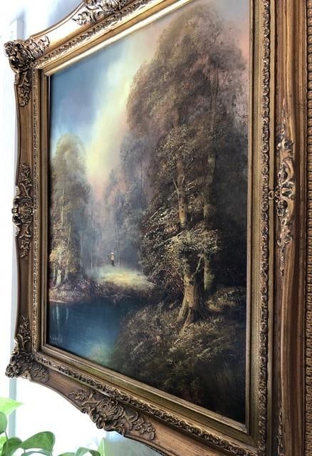 Vintage Signed Romantic Landscape Oil Painting in Ornate Gilt Frame - 10
