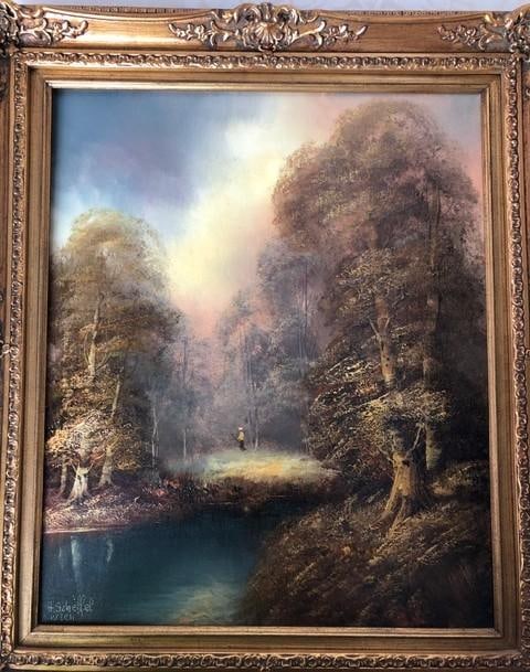 Vintage Signed Romantic Landscape Oil Painting in Ornate Gilt Frame - 11