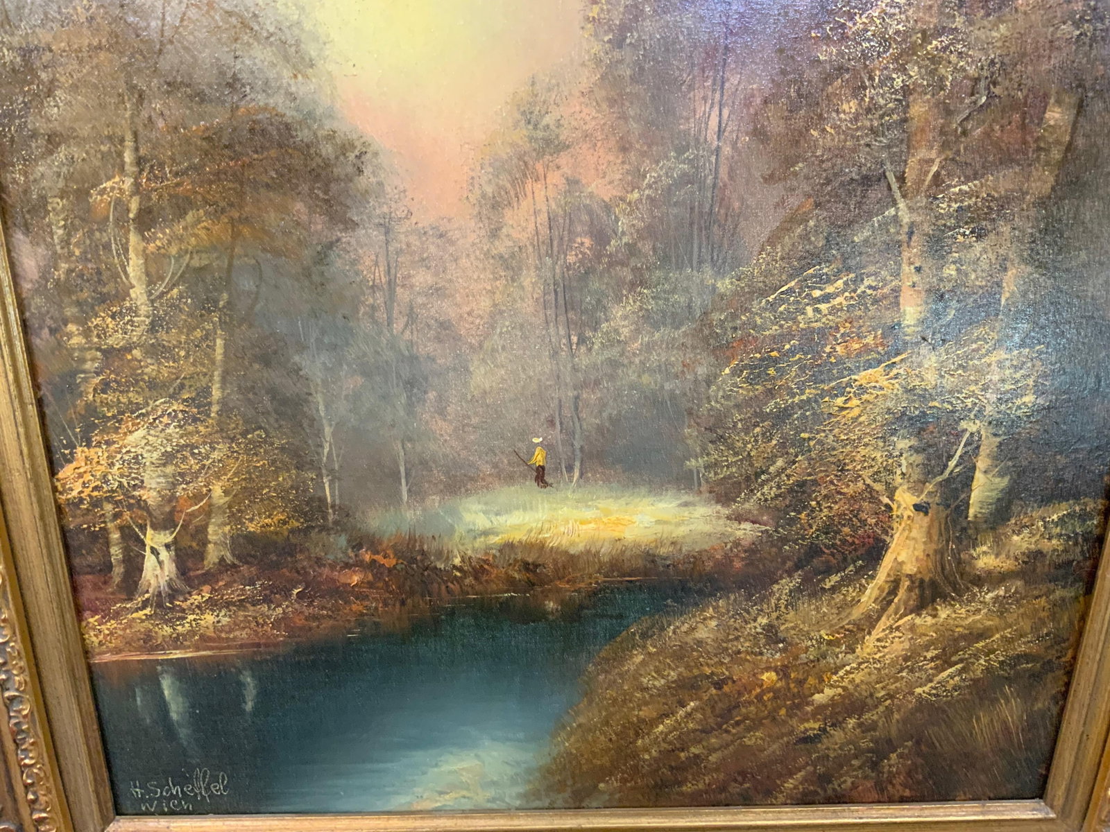 Vintage Signed Romantic Landscape Oil Painting in Ornate Gilt Frame - 5