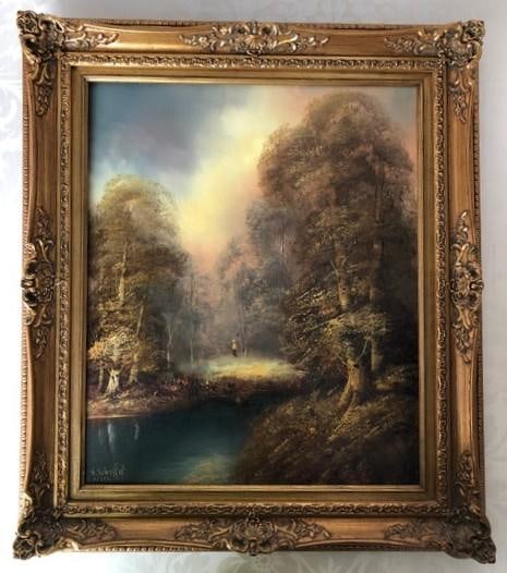 Vintage Signed Romantic Landscape Oil Painting in Ornate Gilt Frame - 6