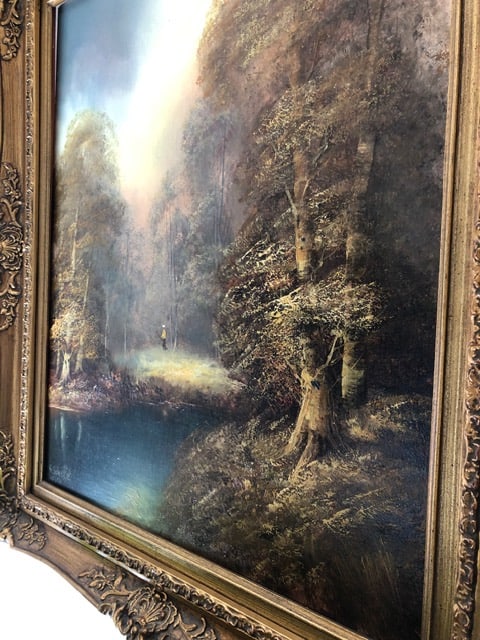 Vintage Signed Romantic Landscape Oil Painting in Ornate Gilt Frame - 9