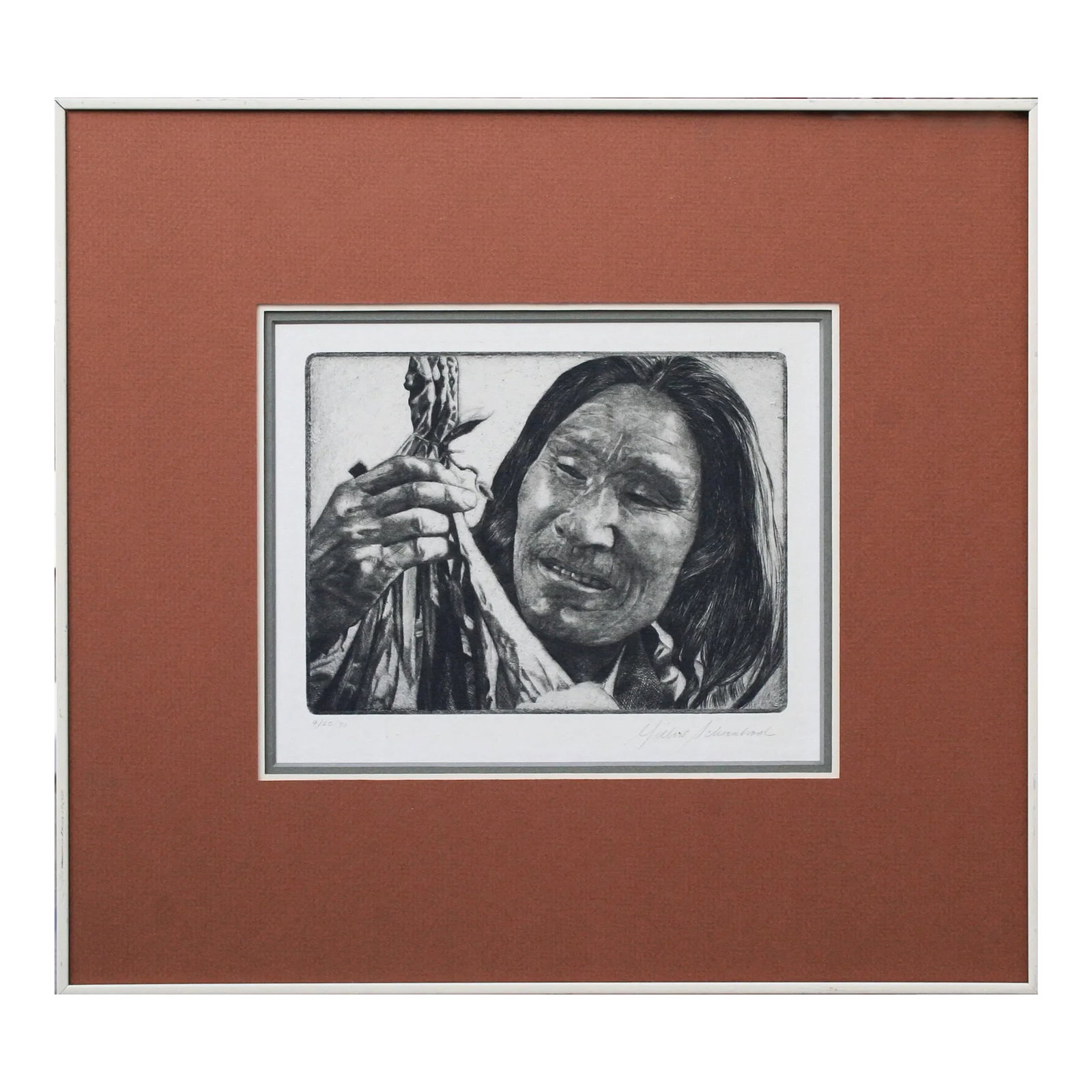 1930s Photo Realist Drypoint Etching Portrait "The Hunter": An incredible photo-realist drypoint etching of a Native American man by Gilbert Adam Shoenbrod (American, 1903-1996), 1937. Titled "The Hunter", this hyper detailed portrait depicts the man at work o