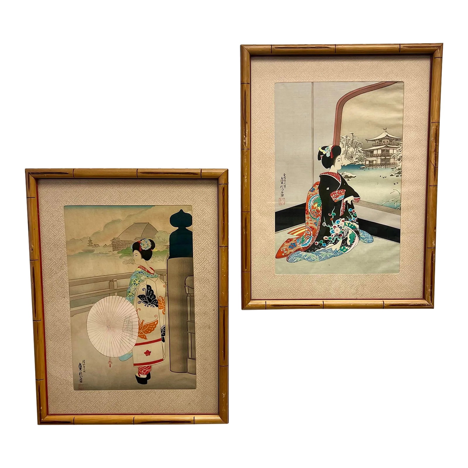 Pair of Sadanobu Hasegawa III Woodblock Prints (1881-1963): Pair of vintage Sadanobu Hasegawa III wood block prints on paper. Condition: Alterations: Original Condition Unaltered Imperfections: Some Imperfections Condition Notes: Some wear to frames. Origin: