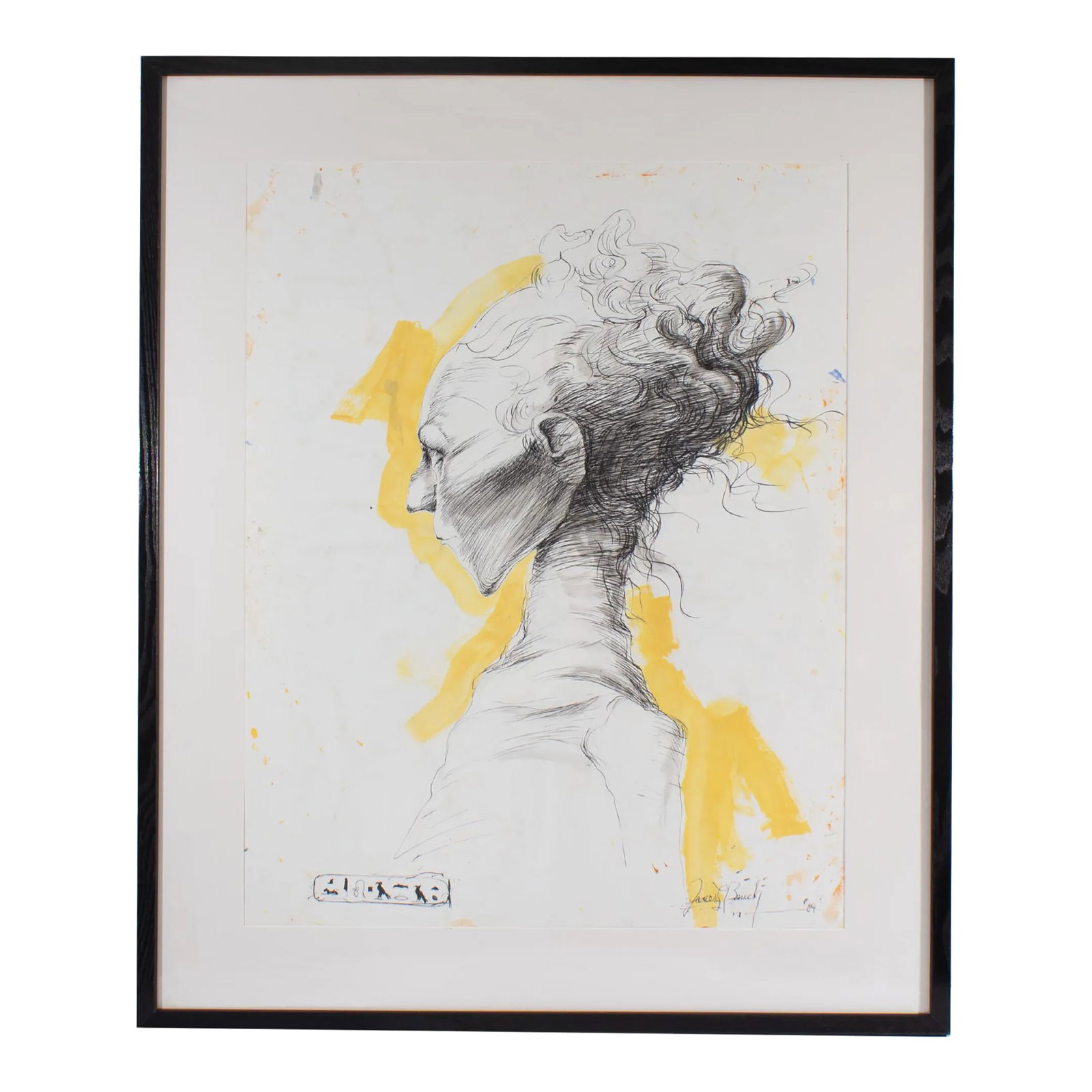 2009 Mixed Media Drawing by James L. Bruch: A 2009 mixed media drawing by the American artist James L. Bruch (1942-2023). Accented in yellow, this sketch depicts a profile portrait of a woman. Stylized hieroglyphic birds and geometric shapes