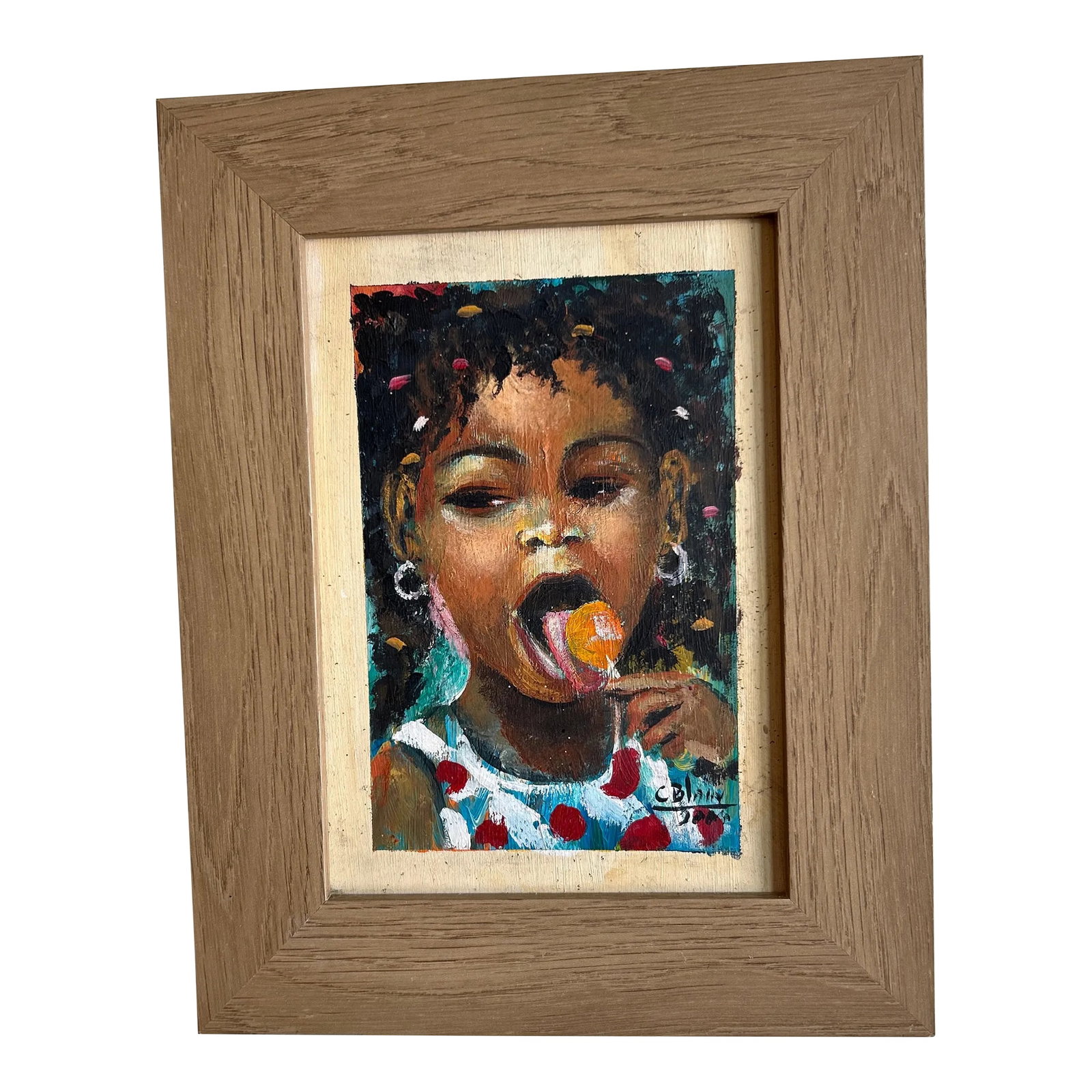 1990s Haitian Painting on Board of Girl With Lollipop by Carel Blain, Framed: One of Haiti's most distinguished artist, Carol Blain painted this portrait of a girl with a lollipop on board with acrylic and presented in a wood frame. Condition: Alterations: Original Condition