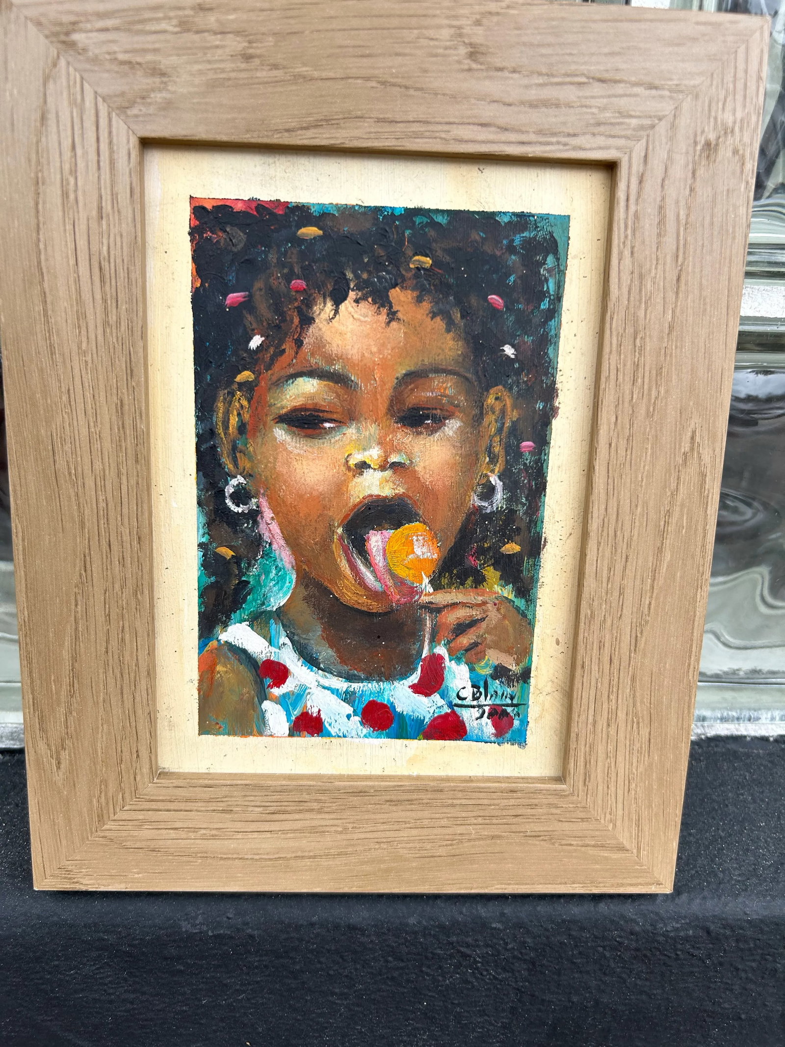 1990s Haitian Painting on Board of Girl With Lollipop by Carel Blain, Framed - 2