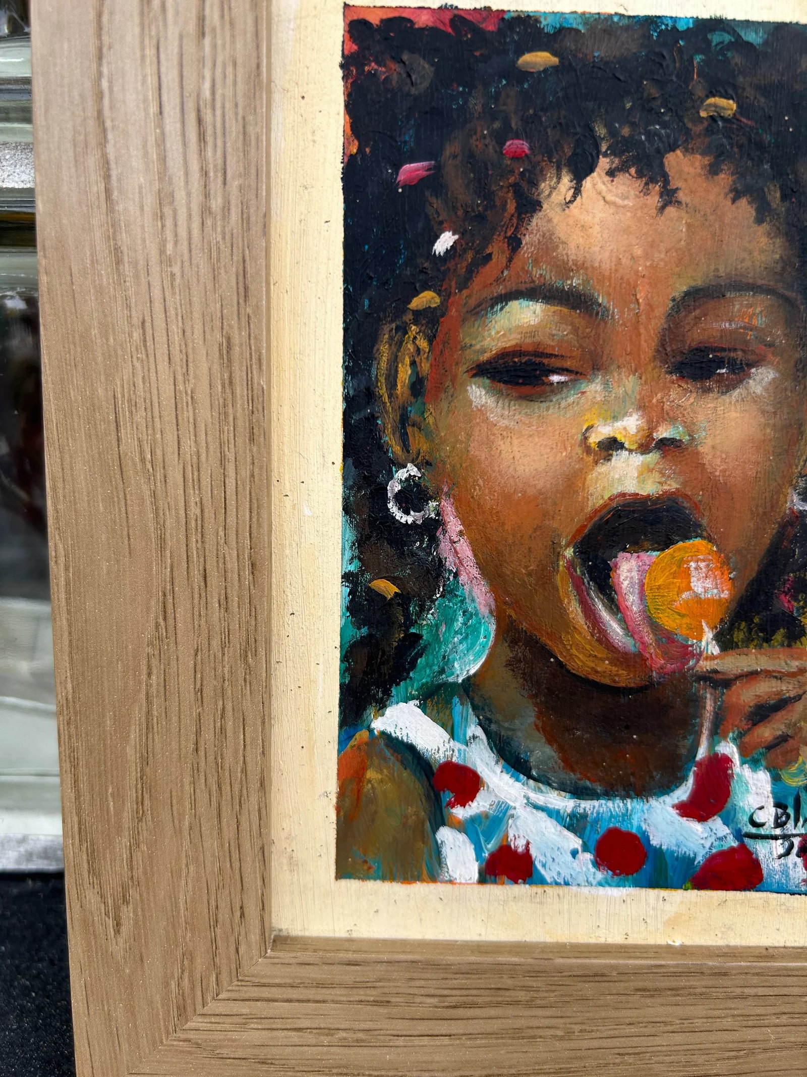 1990s Haitian Painting on Board of Girl With Lollipop by Carel Blain, Framed - 5