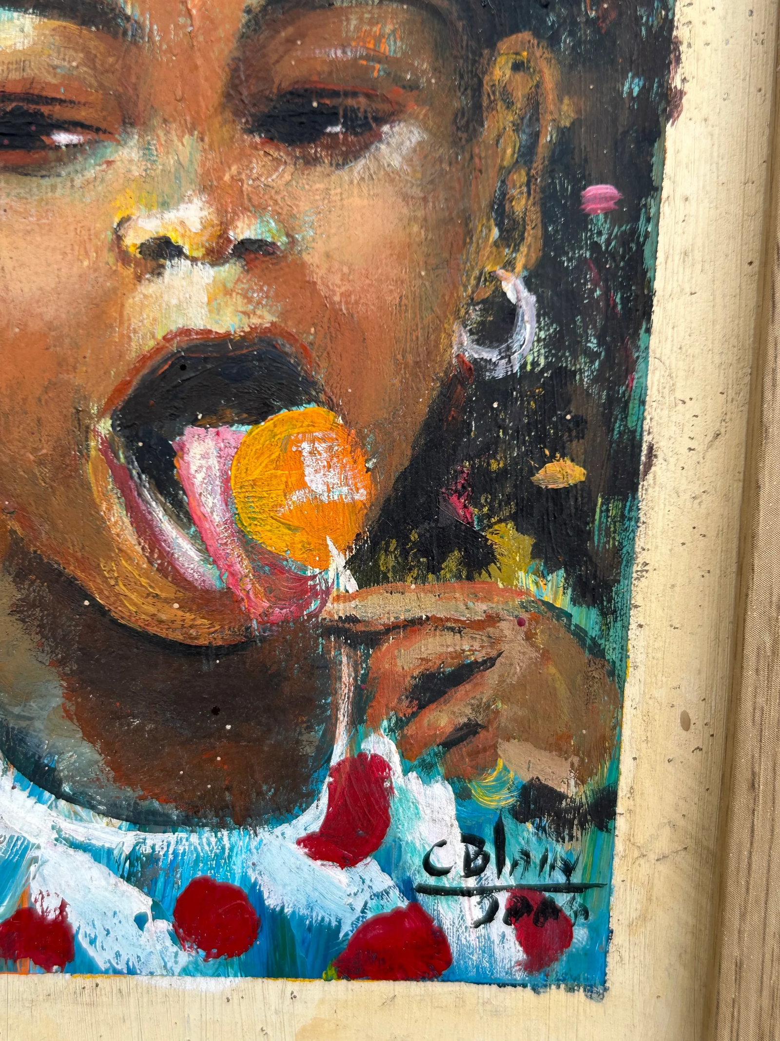 1990s Haitian Painting on Board of Girl With Lollipop by Carel Blain, Framed - 6
