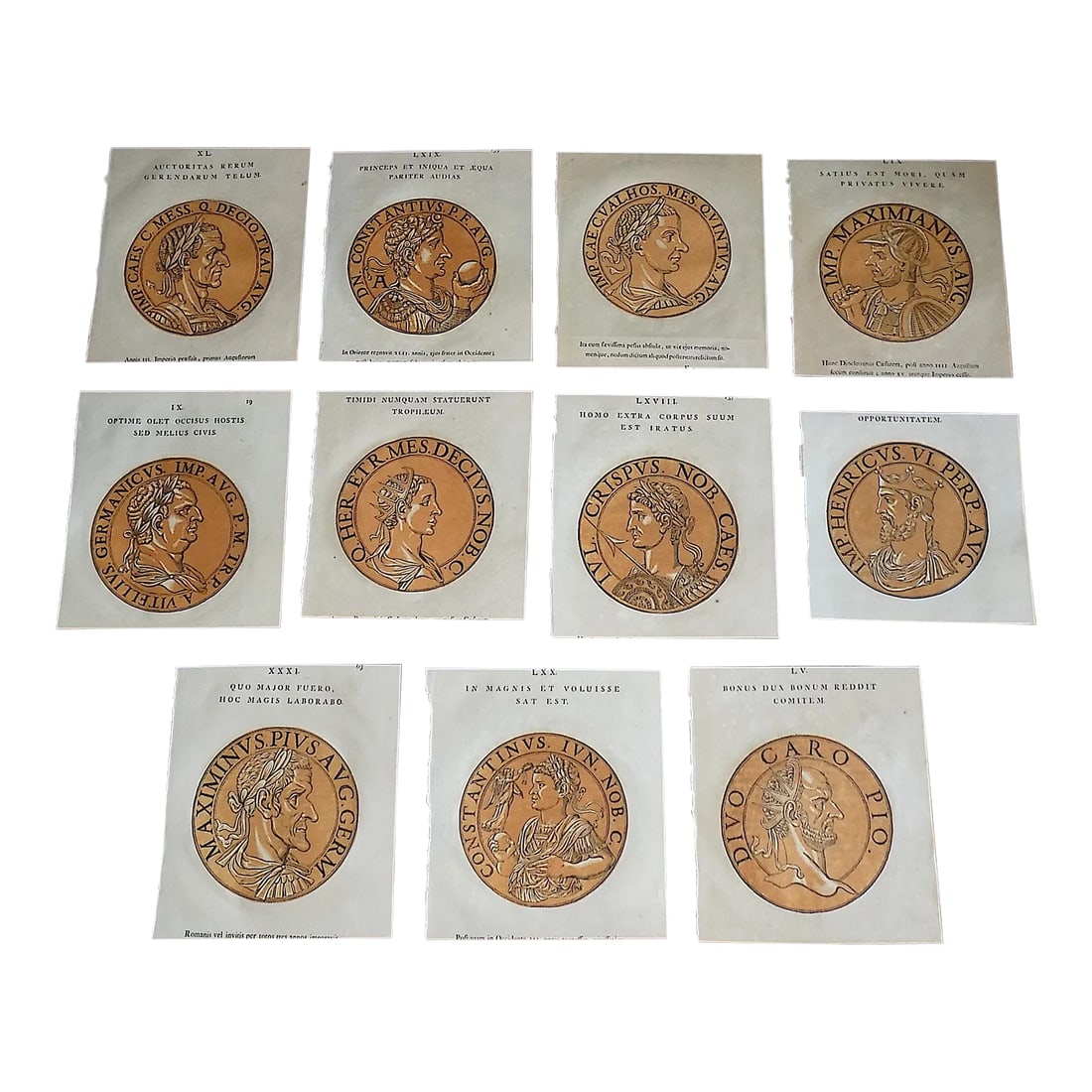 Authentic Antique Early 18th C. Hubert Goltzius Chiaroscuro Color Woodcut Portraits of Roman Emperor: This set of eleven (11) authentic early 18th century original chiaroscuro woodcuts (c.1708) after the original drawings by Hubert Goltzius. (Dutch, 1526-1583) depict Roman emperors and historical