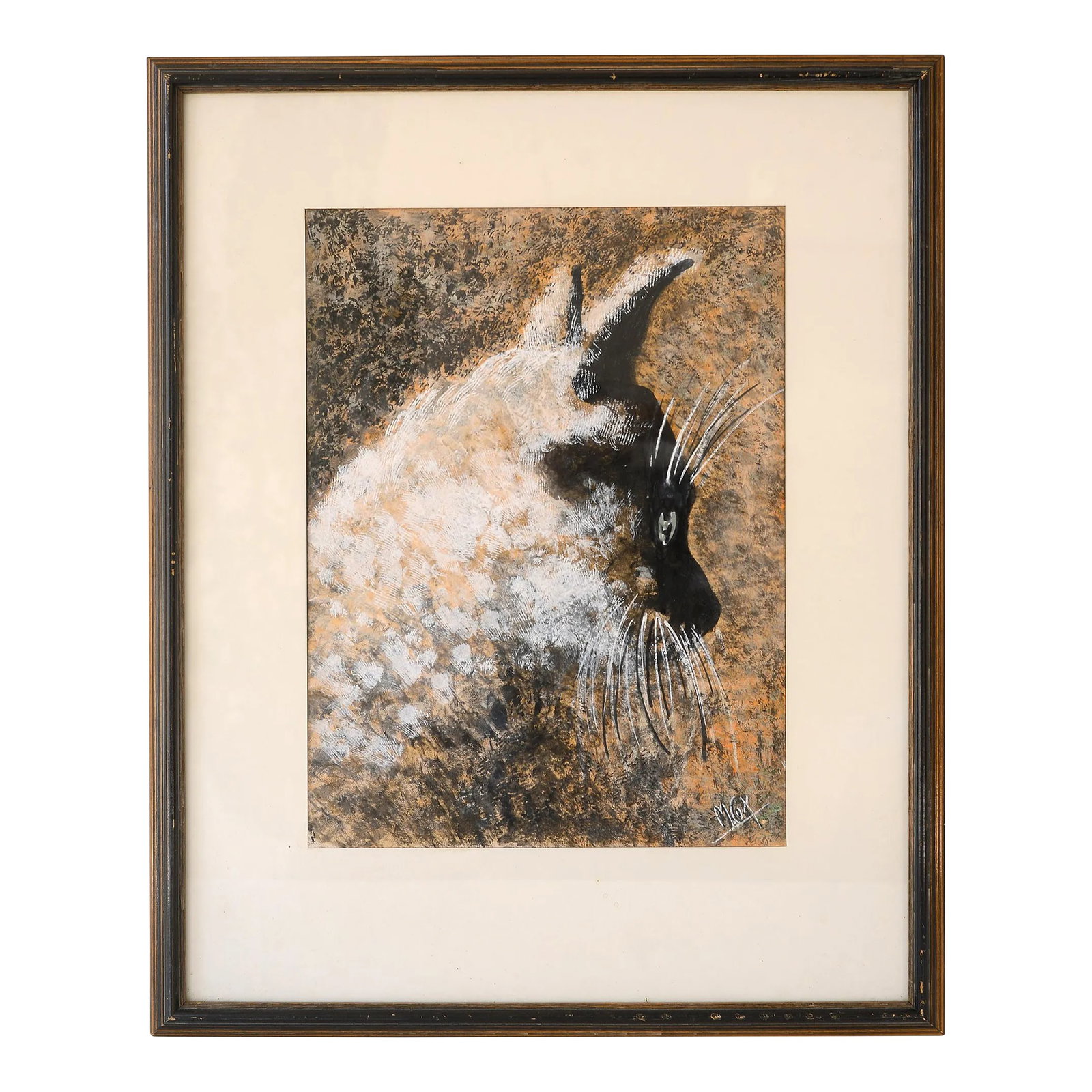 Mid Century Modern Cat Profile Portrait Watercolor Painting: Amazing signed mid century era painting featuring a charming cat profile portrait with beautiful textural details. Looks to be watercolor on paper. Signed "MGX" on the bottom right corner. Painting is
