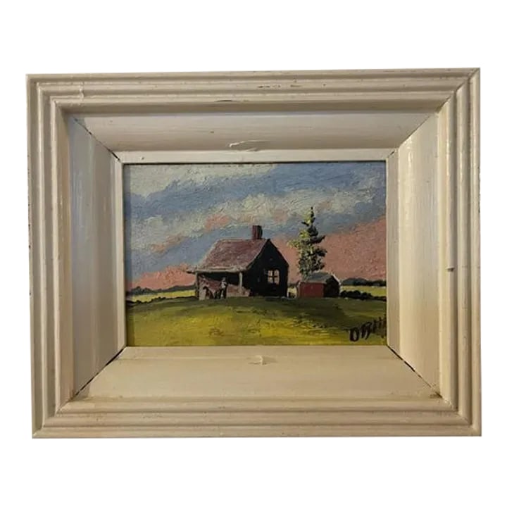Petite Oil on Wood on Rural Scene, Vintage: Lovely one of a kind petite original oil on wood painting of American rural scene signed by artist ORHT. Peaceful cottage and landscape scene in creams, blues, greens, rust and pink. In original thick