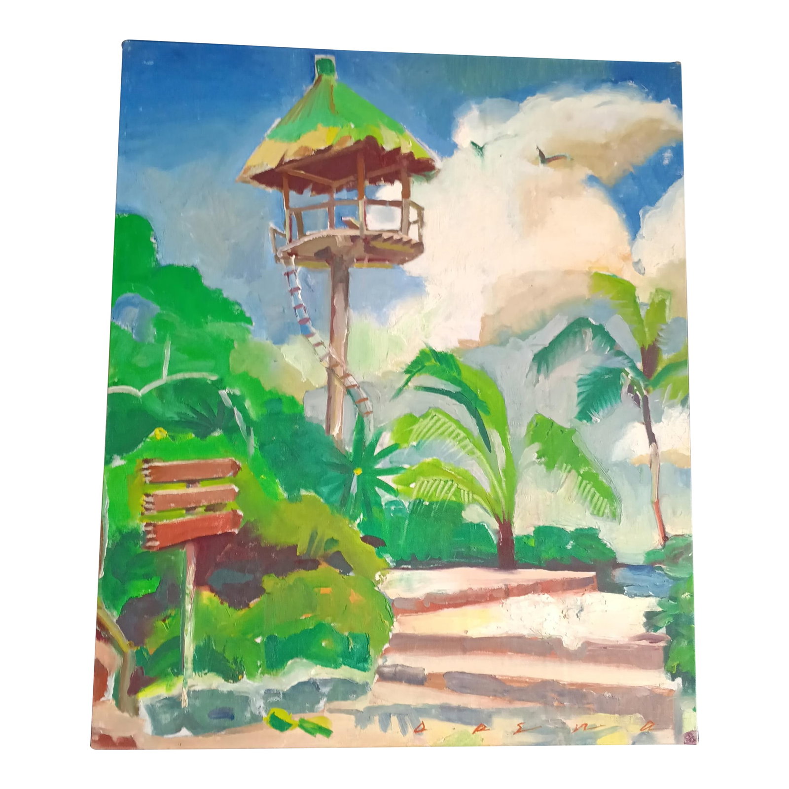 Xcaret Adventure and Water Park Near Cancun in Mexico Oil Painting: This original, signed David Beynon Pena oil painting in brilliant blue and green is of Xcaret water park on the Mexican Riviera. If you want to bring back memories of summer vacation even in the