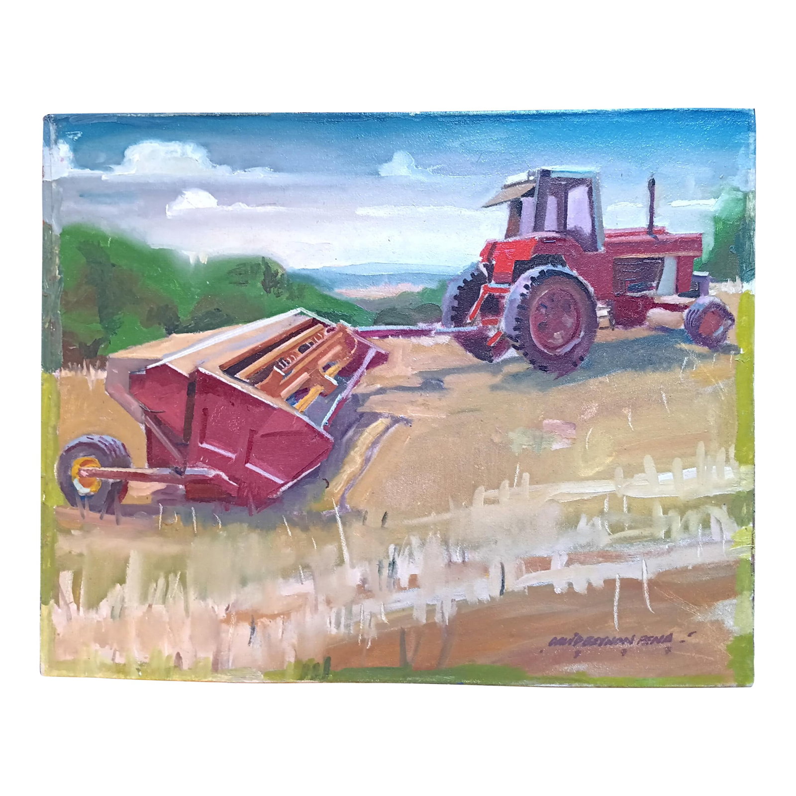 Harvesting the Hay in His Favorite Field Original Oil Painting: This 1997 original oil painting by David Beynon Pena depicts a rural scene of a hay mower in the field, ready to get to work. Enjoy the idyllic scene in your home as a gift for yourself or someone