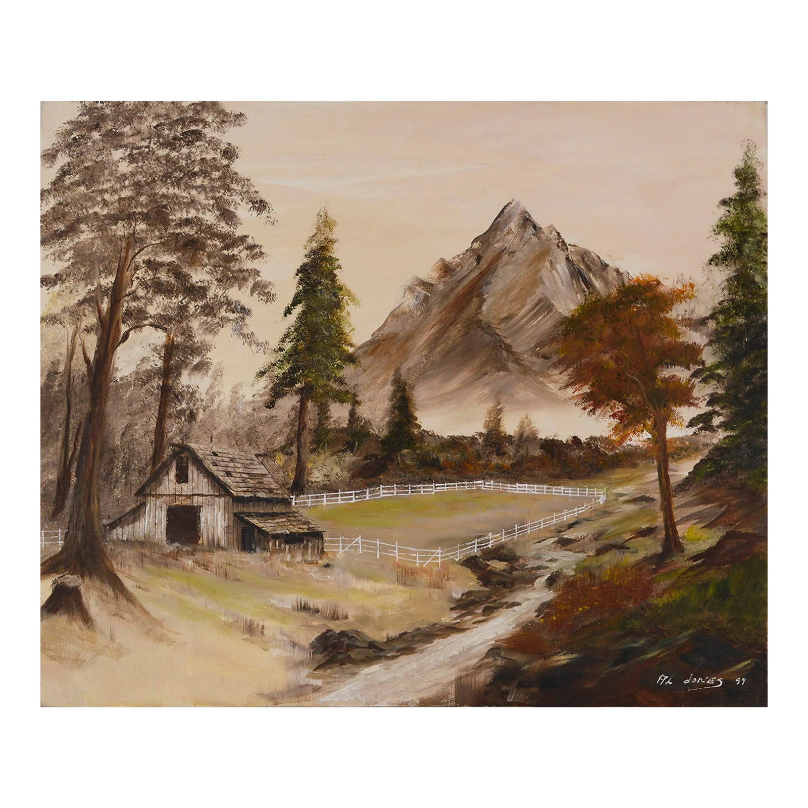 Mountain Farm Landscape by Al Jones: Pastoral landscape in earthy sepia tones of a farm in the mountains by Al Jones (American, 20th Century), 1999. Signed and dated "Al Jones 99" lower right. Unframed. Image size: 20"H x 24"W.