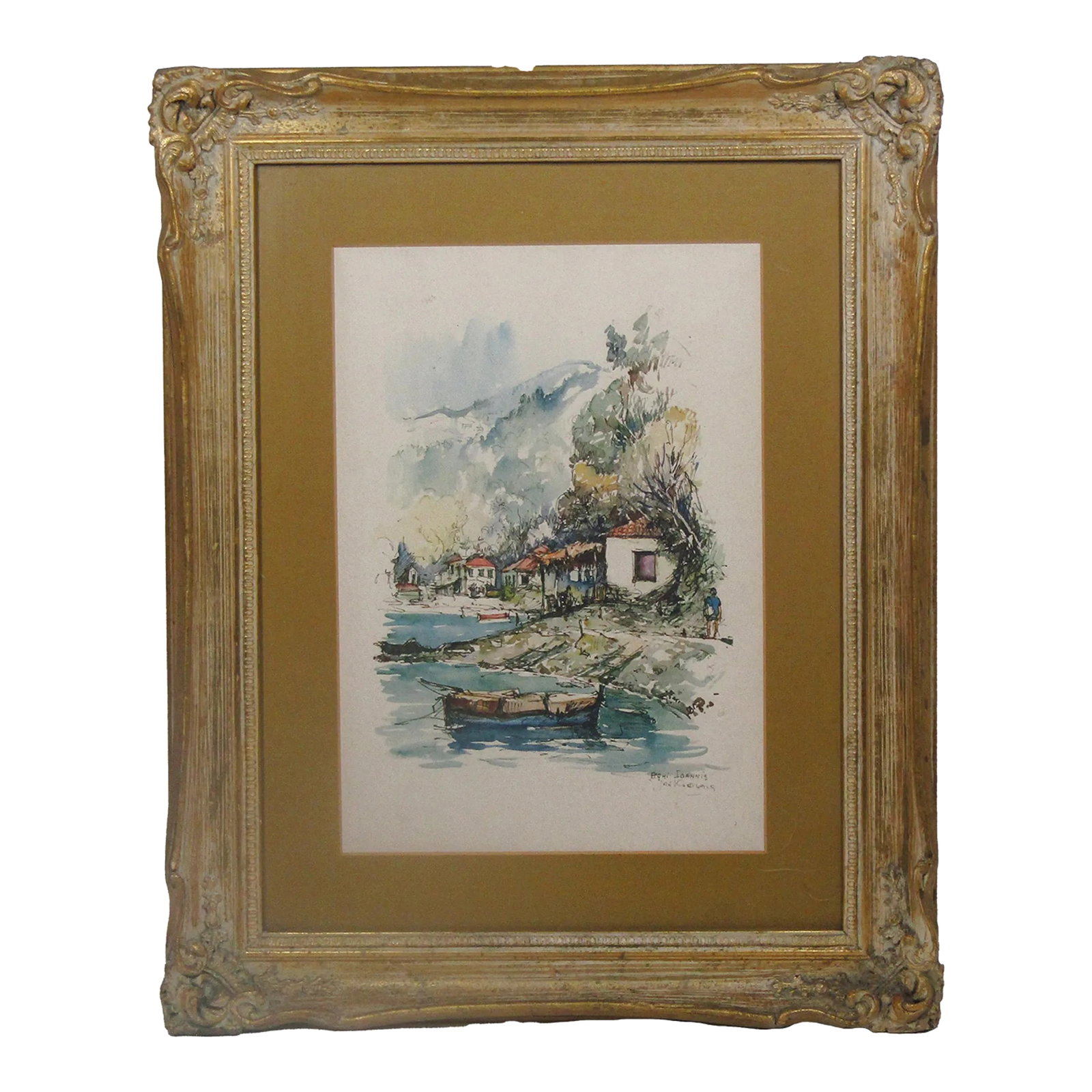 Charming Village Scene Watercolor by Aghi Ioannis & Jan Verhuls: Charming Village Scene Watercolor by Aghi Ioannis & Jan Verhuls Step into the tranquility of a quaint village with this beautifully detailed watercolor by artists Aghi Ioannis and Jan Verhuls. The pai