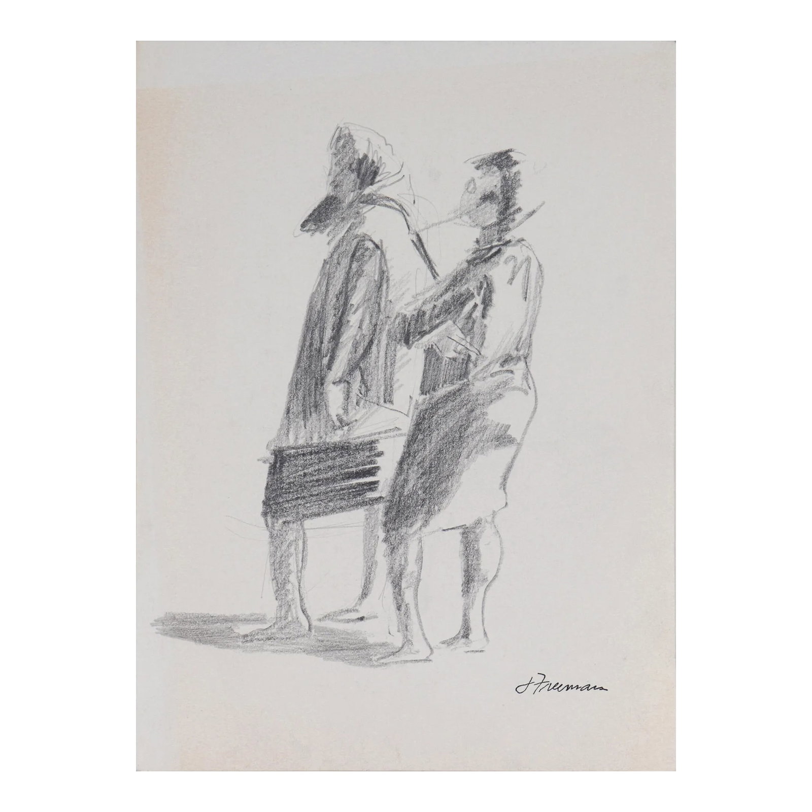 Standing Figure Pair 20th Century Graphite: This mid to late 20th century Modernist graphite on paper drawing is by San Francisco painter Jack Freeman (1938-2014). Freeman studied at the High Museum of Art in Atlanta, landscape and figure drawi