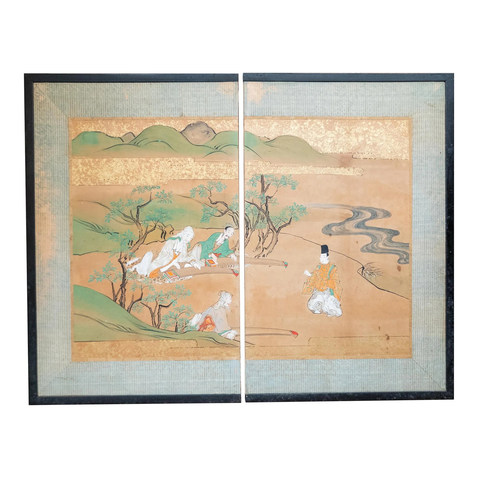 19th Century Japanese Meiji Period Watercolor Folding Table Screen Painting: We are selling this pretty Japanese two panel table screen. We believe this panel to be Japanese from the Meiji period and features a simple landscape with figures, it is unsigned. Condition: Some dam