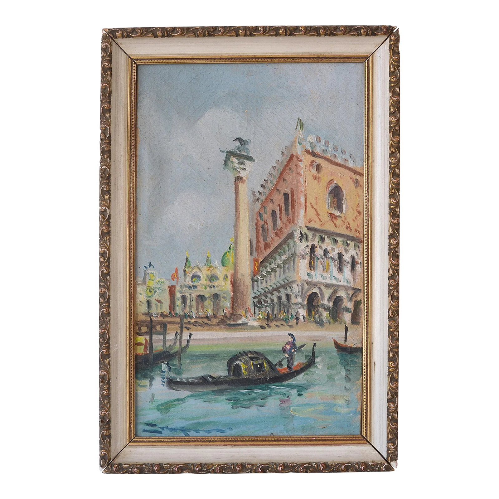 Vintage Small Venice Piazza Gondola San Marco Painting: Charming vintage little oil on canvas painting depicting a view of Piazza San Marco in Venice from the Grand Canal. A gondola is featured in the forefront with all the recognizable architectural