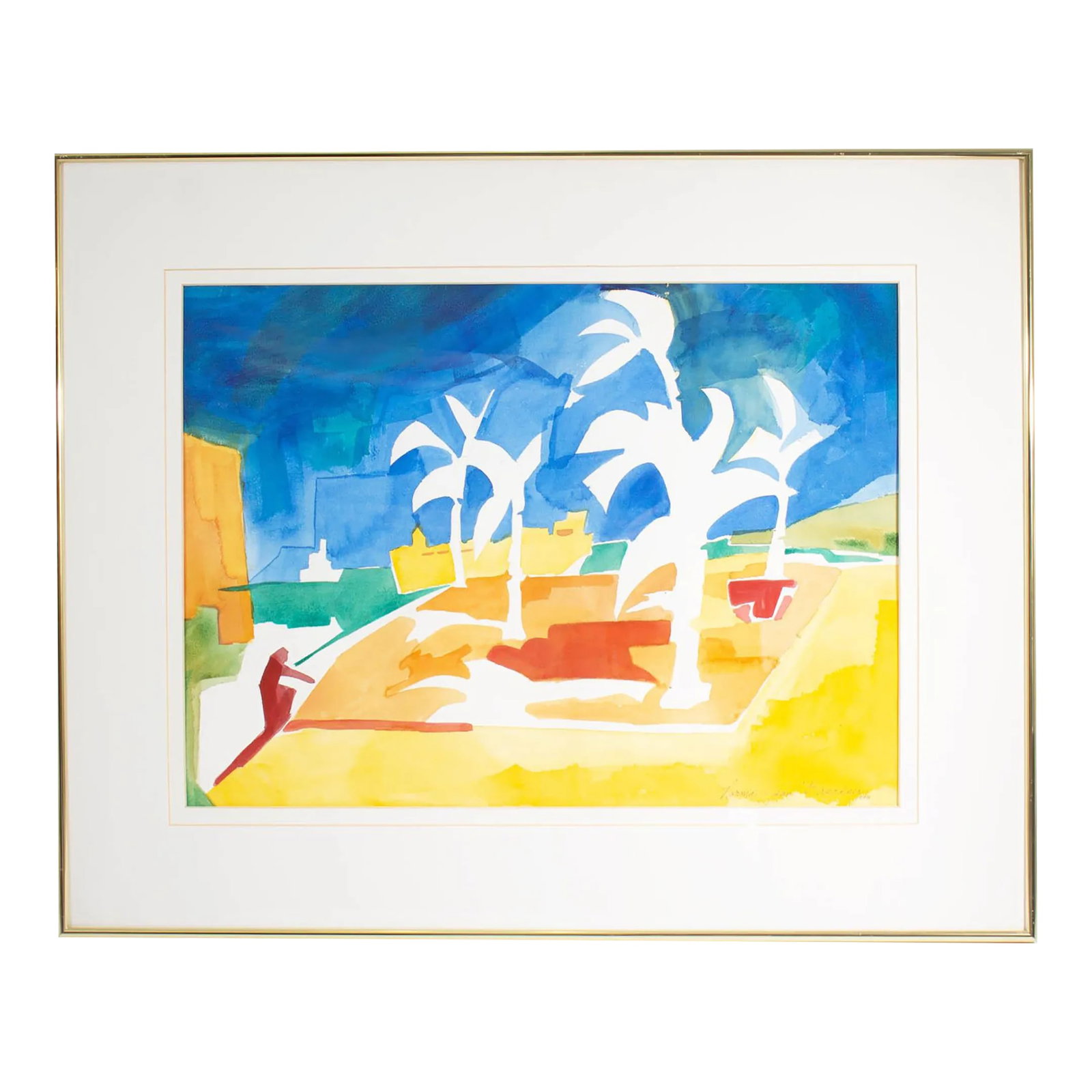 1999 Abstract Watercolor of Palm Trees by Norma Jean Bruckner: A 1999 watercolor painting by the American artist Norma Jean Bruckner. This vibrant abstract depicts a windswept landscape with palm trees buildings in the distance. Signed and dated to the lower