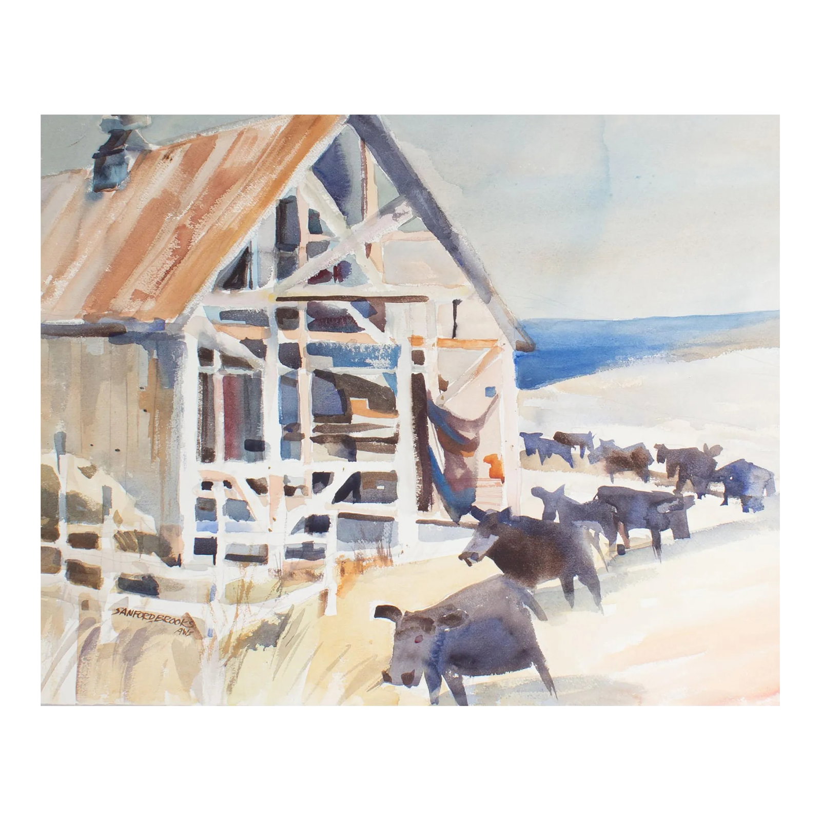 Signed Watercolor of a Farm by Sanford Brooks: A watercolor painting by the American artist Sanford Brooks (1915-1994). Signed to the lower left, the painting depicts a farm scene with half-complete barn to the left and a herd of barnyard animals 