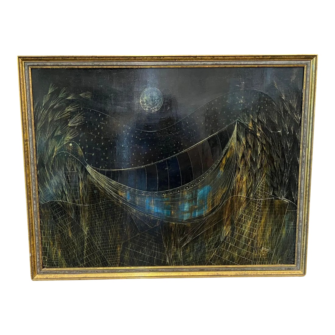 1970s Framed Painting of a Peacock at Moonlight, Signed: A moody and evocative mid-century modern abstract landscape oil painting on paper, rendered in a rich, atmospheric palette of deep charcoal, midnight and iridescent blue, and burnished gold. The compo