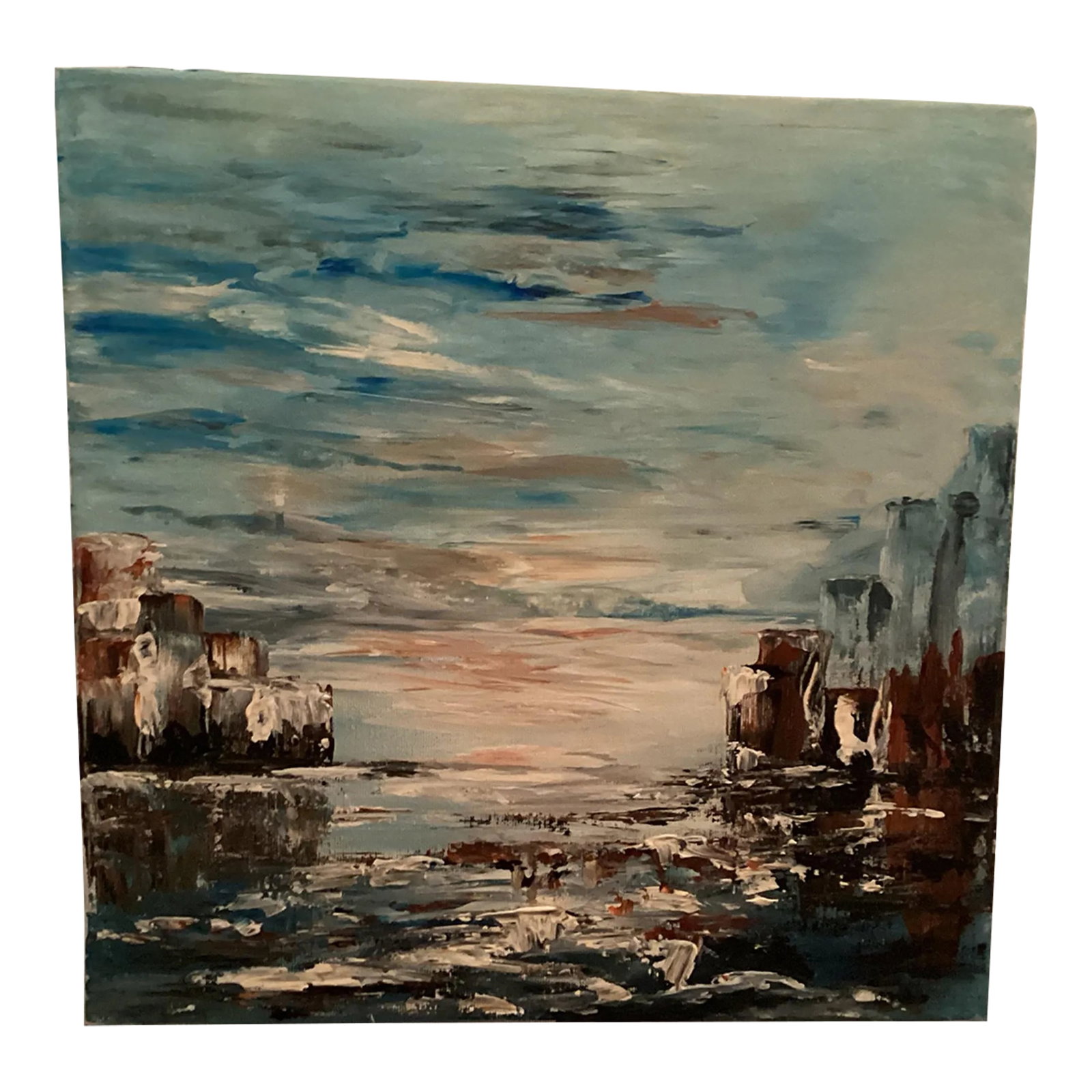 Original Oil Painting Landscape/Seascape, Titled "Sunrise" by Artist Creanga Elena.Signed by Artist: An original oil abstract, this square surreal landscape/seascape, titled "Sunrise" signed by the artist right hand corner. This painting is so vibrant with multiple blues that celebrates the sky. The