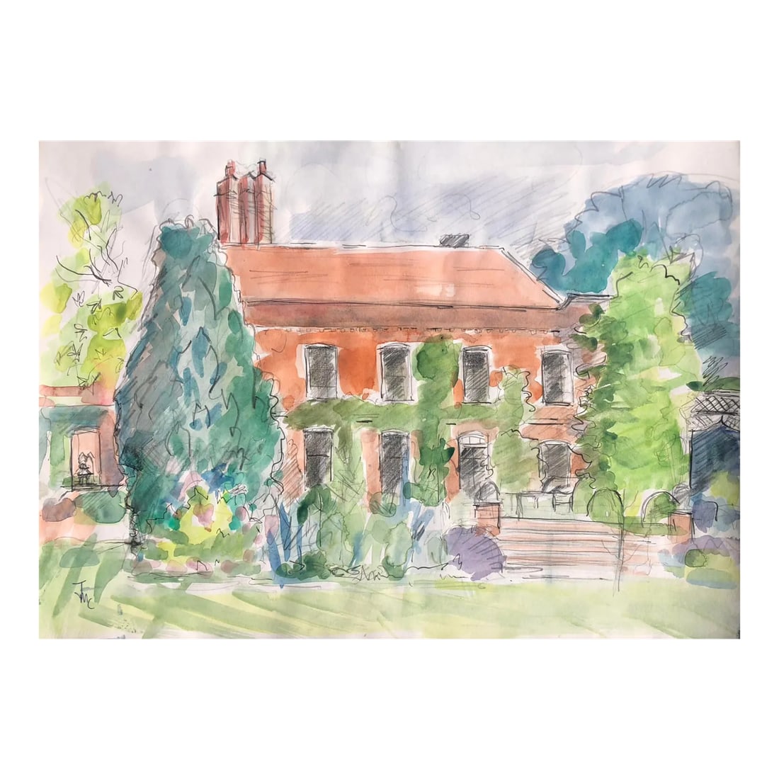 Josie Capstick English Manor House Landscape: British artist Josie Capstick (1932-1998). Architectural mixed media watercolor of a country house in England. Signed lower left. Combined shipping available, please inquire. Shipping times are signif