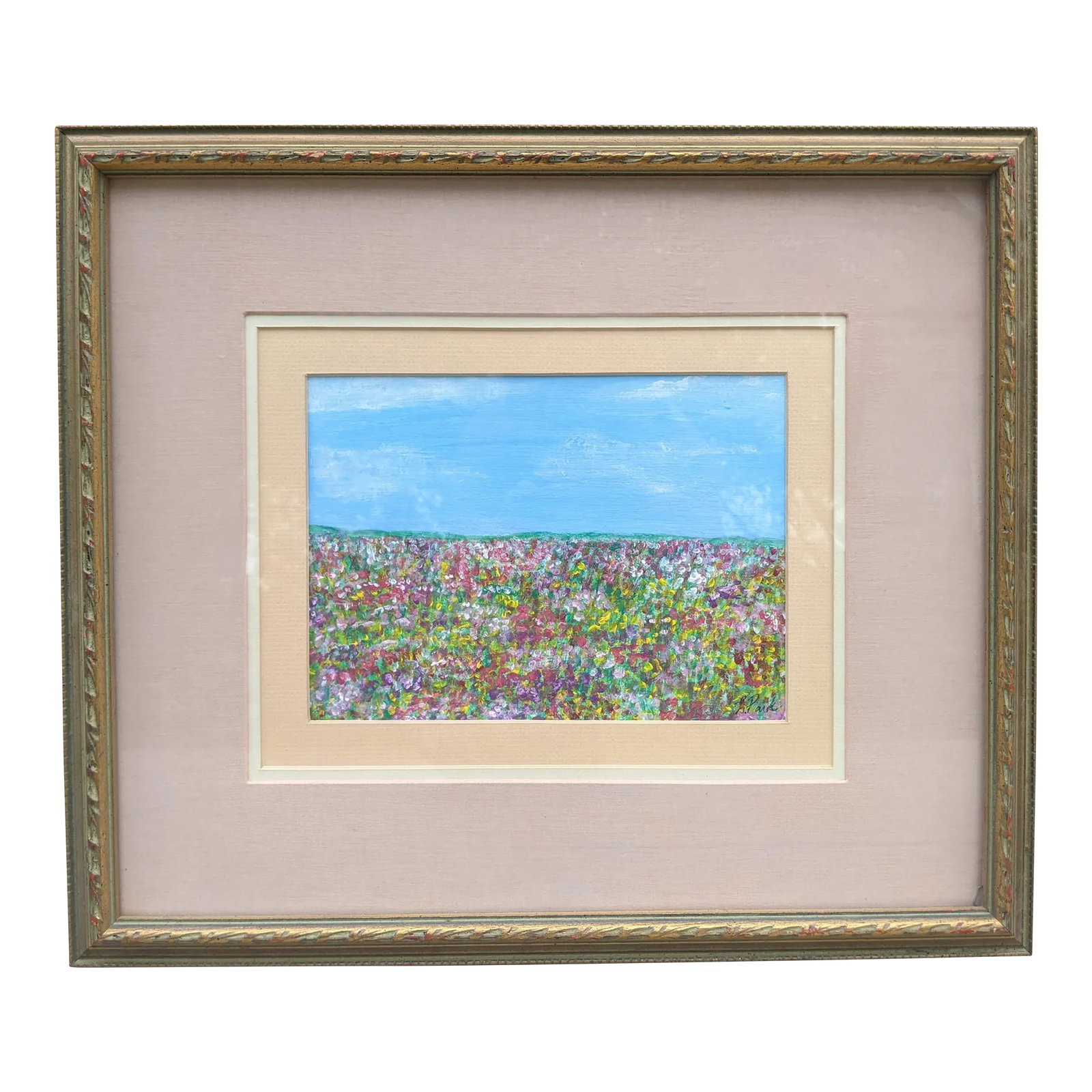 Original Landscape Impressionist Painting Framed and Signed: An Original Acrylic Landscape Painting of a Field of Mulitcolor Flowers Signed by the Artist, Lesley Park Framed with a Pale Pink Silk Matting, and Encased behind Glass in a Giltwood Frame 18.25"W x