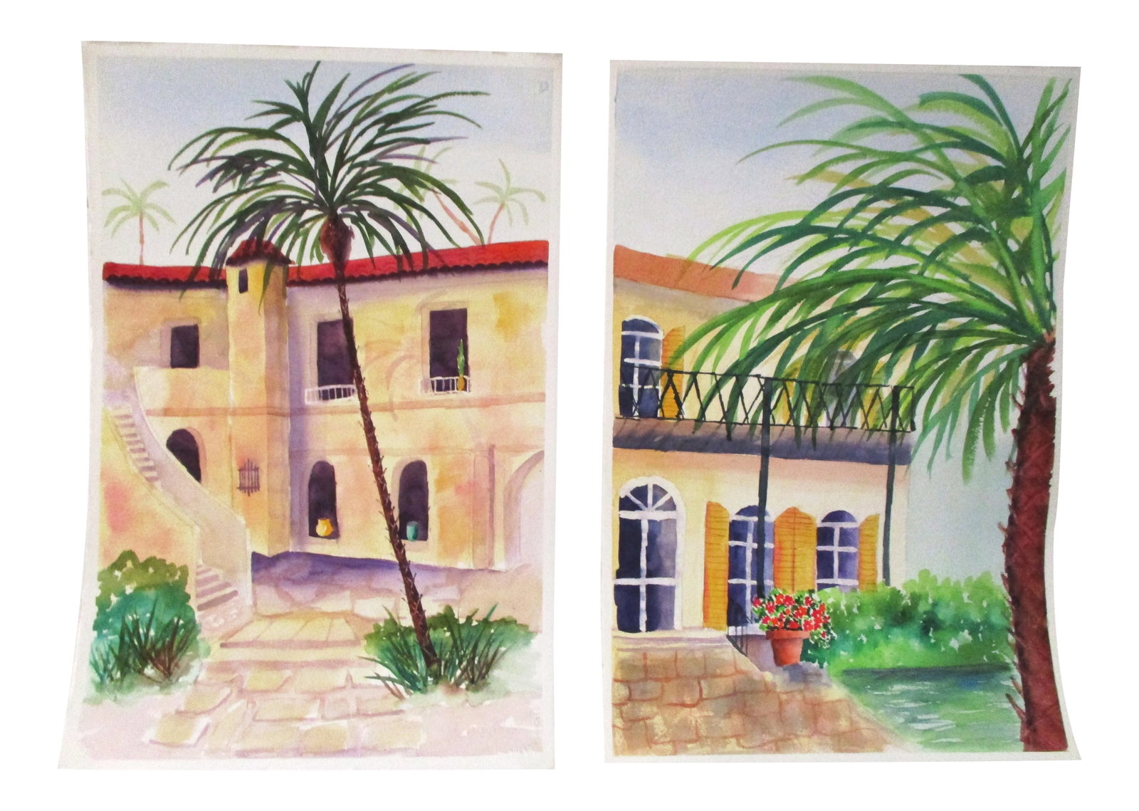 Mediterranean Homes Watercolor Paintings - a Pair: Beautiful pair of watercolor paintings on heavy paper of a Mediterranean home surrounded by palm trees. Unframed and unsigned. Excellent condition. Condition: Alterations: Original Condition Unaltered