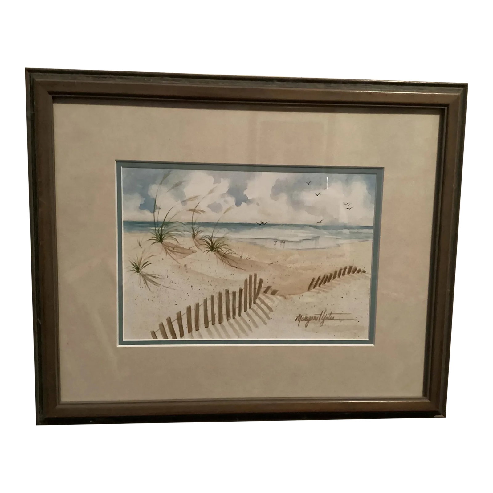 Original Watercolor Beach, Seascape, Signed by Artist Margaret Yates, Framed, Double Matted: This painting invites you to your favorite secluded beach. A beach lover's dream! A beautiful view of the sand, surf and dunes. An oasis of a beautiful coastal landscape that encompasses a perfect bea