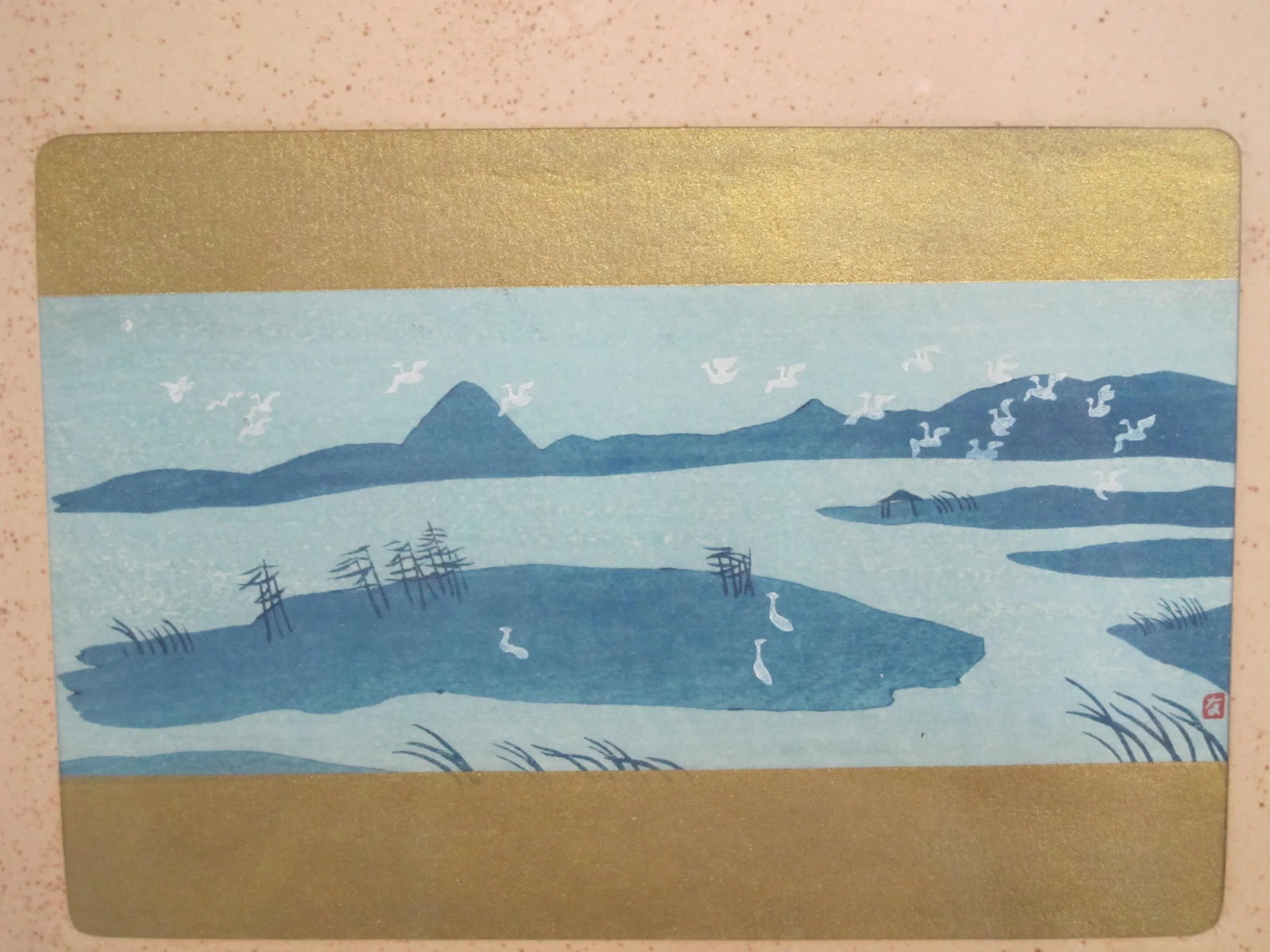 Japanese Blue Lake Water Birds Signed Framed Woodblock Print - 3