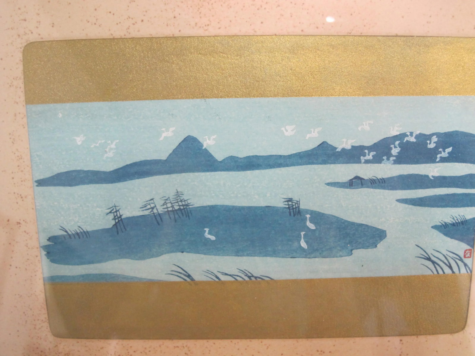 Japanese Blue Lake Water Birds Signed Framed Woodblock Print - 5