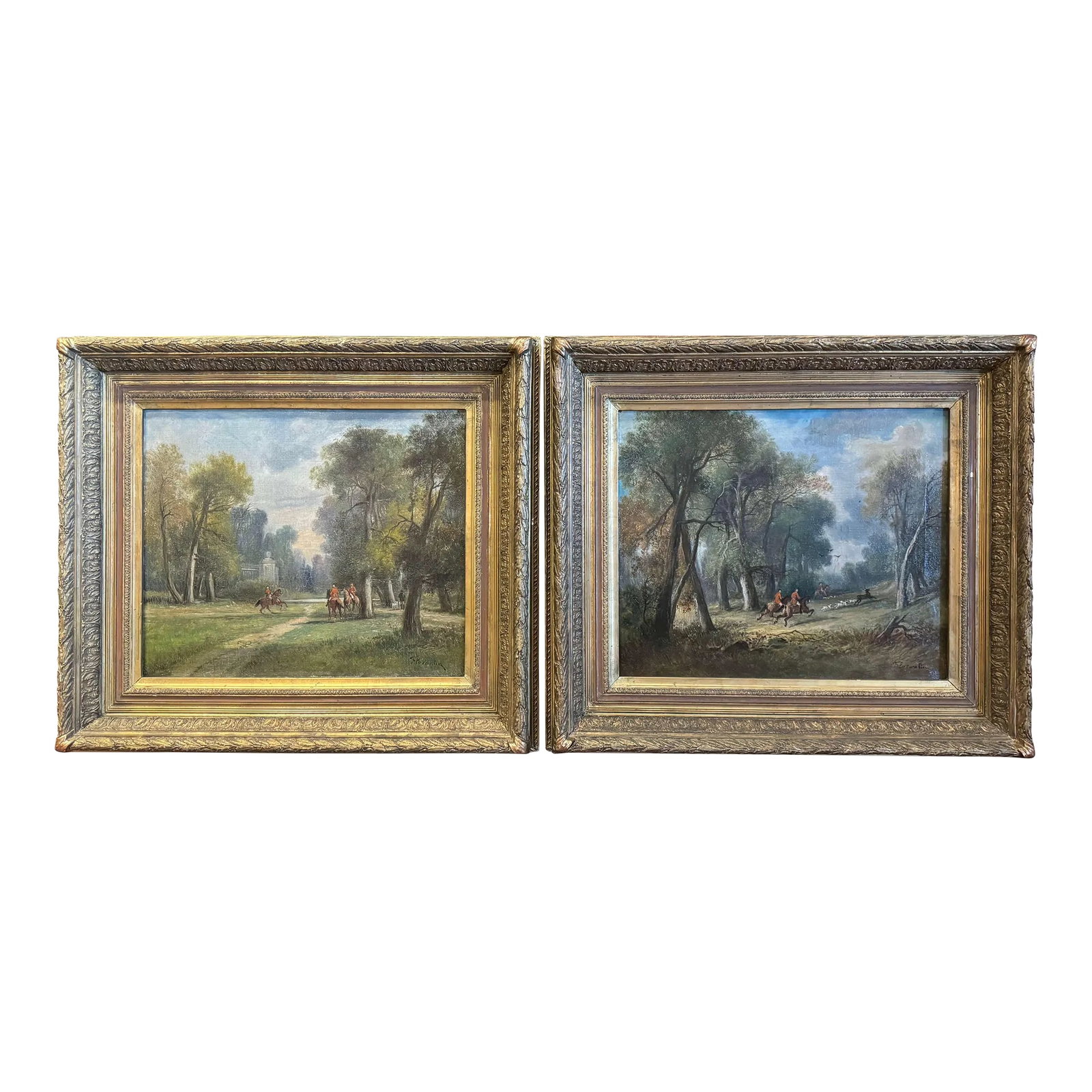 Pair of French "Chasse a Courre" Oil Paintings Signed Florantin, 19th Century: Decorate an office, study, or hunting lodge with this elegant pair of antique hunt scene paintings. Created in France circa 1880 and hand-painted on canvas, each work is presented in its original