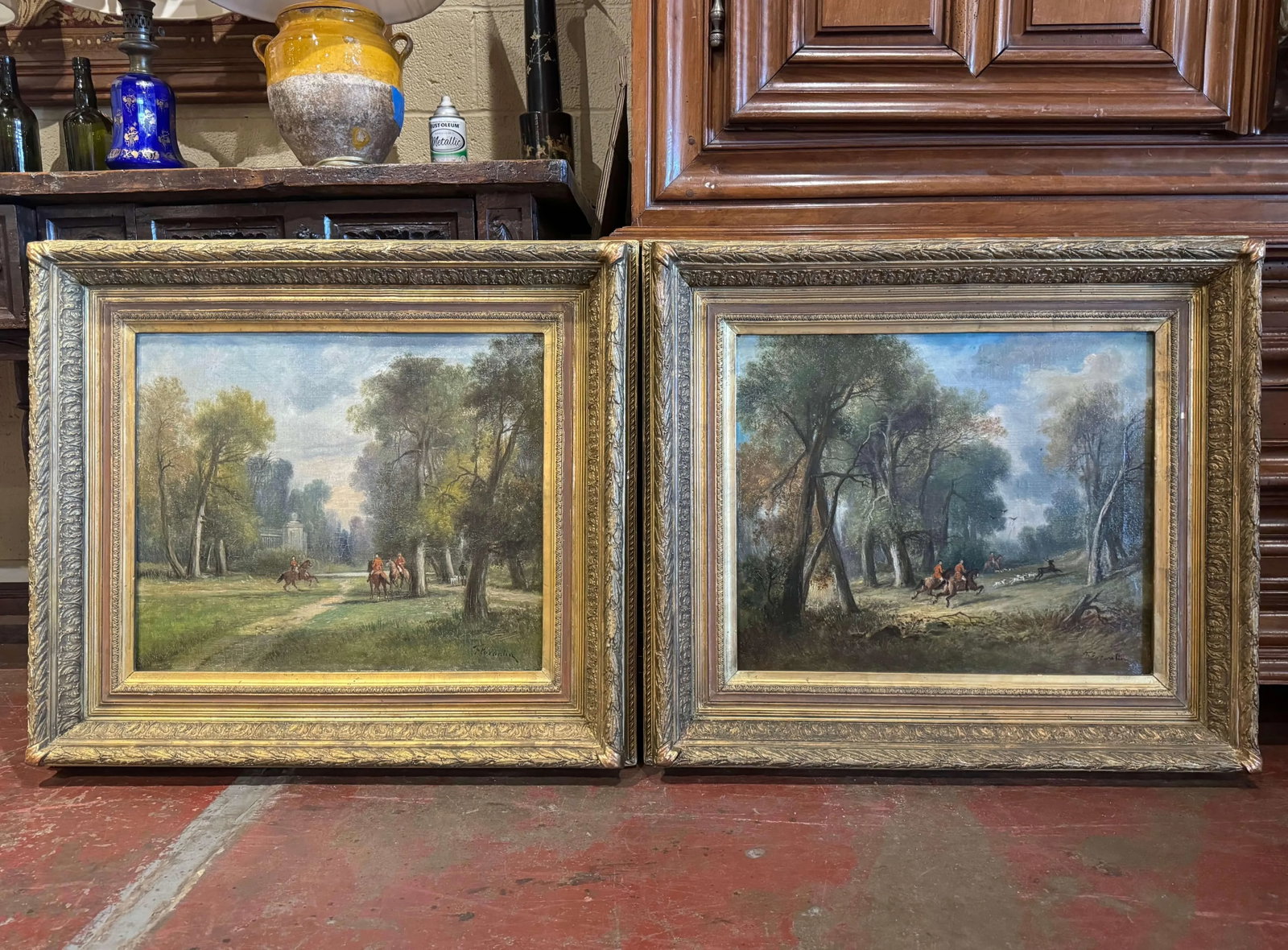 Pair of French "Chasse a Courre" Oil Paintings Signed Florantin, 19th Century - 7