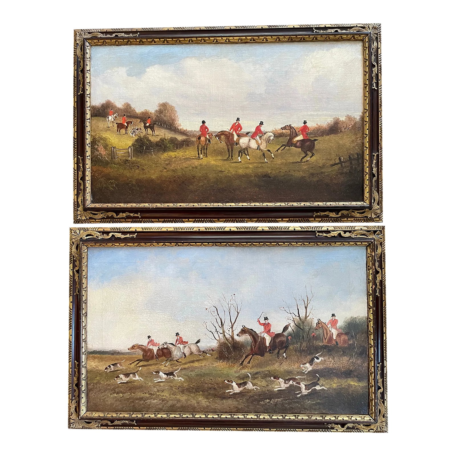 19th Century Oil on Canvas Hunt Scenes a Pair: A truly magnificent pair of 19th century signed, oil on canvas equestrian hunt scenes. These are absolutely beautiful and detailed with many dogs, horses, and action. Framed in gorgeous wood carved