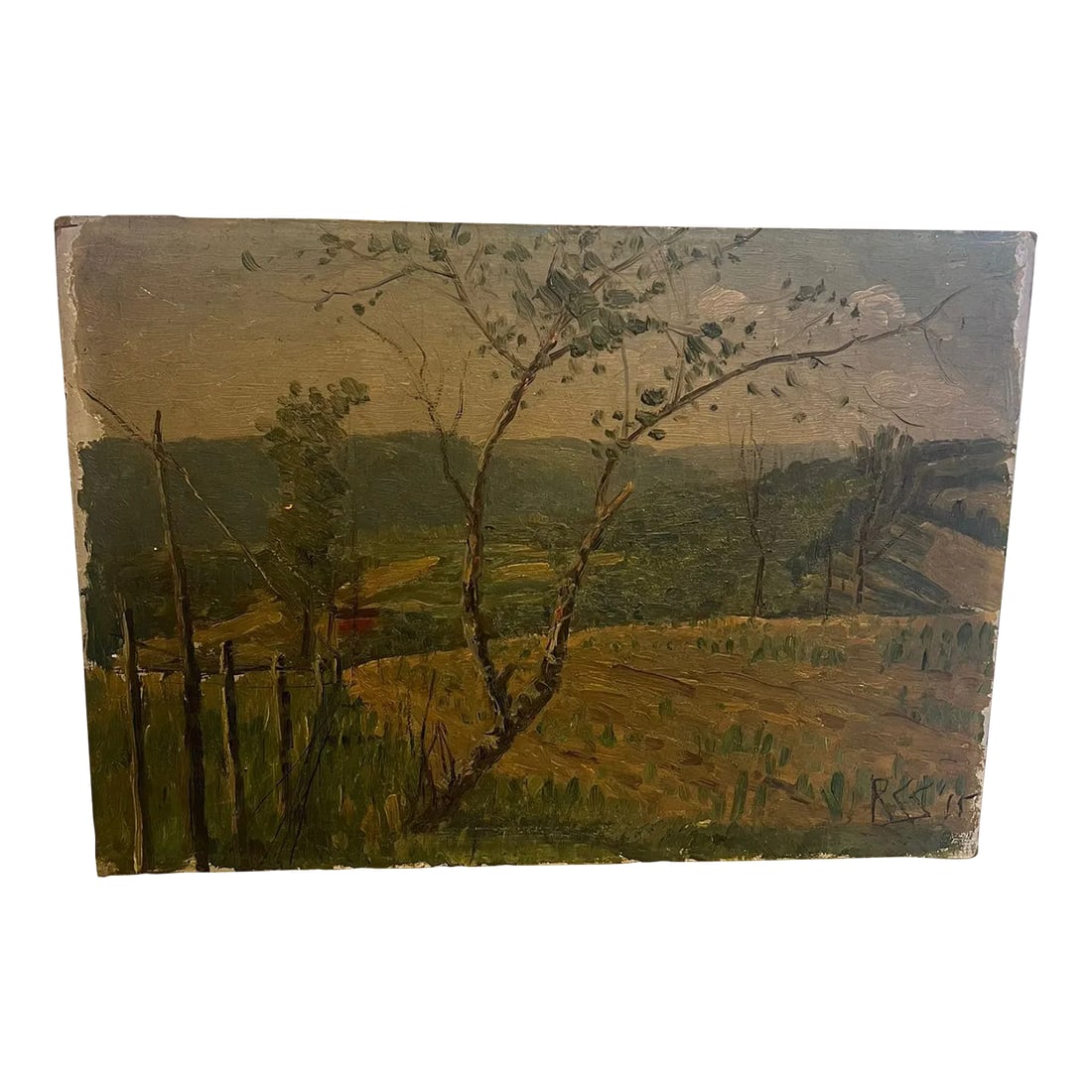 Vintage Hand Painted and Signed Landscape Painting: possibly antique, not confirmed. Signed and hand painted. Nice Patina. Vintage condition as Pictured. Listing is for described item only. Dimensions. 14""W ; 0.10"D ; 10"H Condition: Alterations: