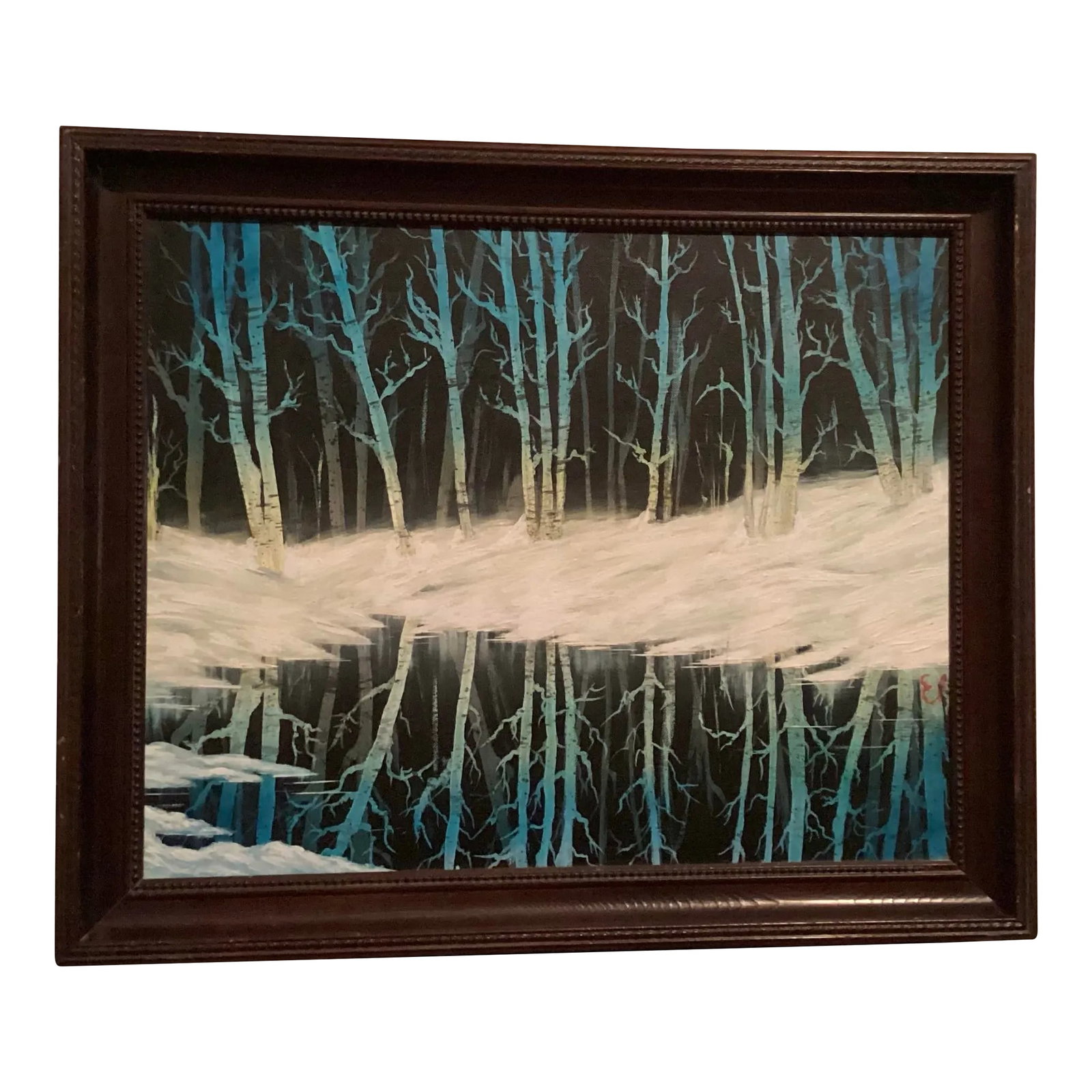 Late 20th Century Original Oil Painting, Landscape of Winter View of Blue Trees, Signed by "e.p." My: This original oil painting is a stunning view of colorful birch trees set on a black background.The piece has a beautiful and unique mystical aura. It can be viewed as wonderfully eerie as well. The